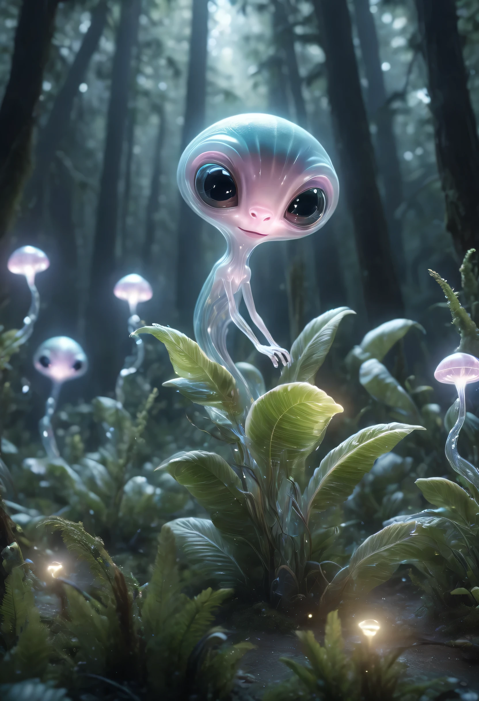 (best quality,4K,8k,high resolution,masterpiece:1.2),Super detailed,(actual,photoactual,photo-actual:1.37),alien forest,cute creature,Ugly alien creatures,Super strong radio wave,lightwave,soar in the air,Angry emotions,transparent,bioluminescent plants,Magic wand