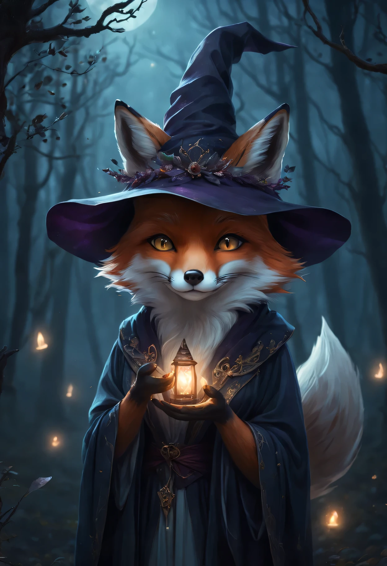 The Fox Witch，Fox personification，cute fox face，witch hat，flowing robe，dark and mysterious forest，fog，portrait style，Soft and ethereal，charming gaze，Sparkling crystals，Otherworldly creatures，Cast a spell in the moonlight，glowing eyes，Specializing in elemental magic，mysterious and seductive，Fierce yet elegant，shrouded in mystery。