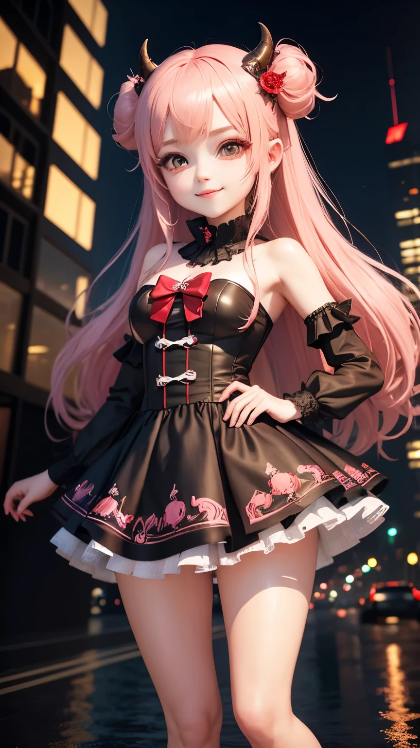 highest quality, masterpiece, 1 girl, smile, chibi girl、3D rendering、Devil Cosplay、night、skyscraper