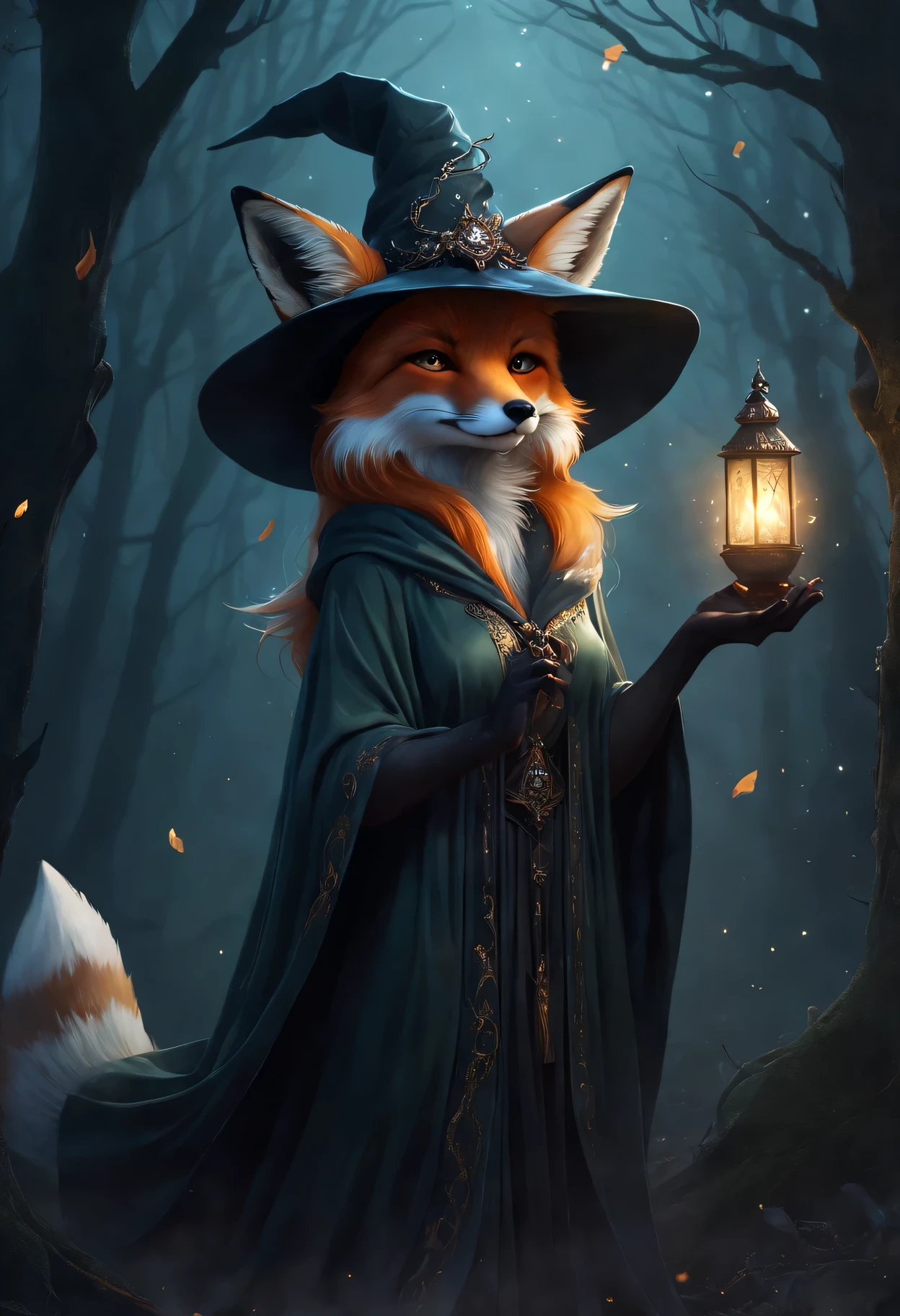 The Fox Witch，Fox personification，cute fox face，witch hat，flowing robe，dark and mysterious forest，fog，portrait style，Soft and ethereal，charming gaze，Sparkling crystals，Otherworldly creatures，Cast a spell in the moonlight，glowing eyes，Specializing in elemental magic，mysterious and seductive，Fierce yet elegant，shrouded in mystery。