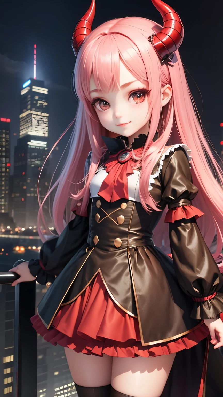 highest quality, masterpiece,  1 girl, smile, chibi girl、3D rendering、Devil Cosplay、night、skyscraper