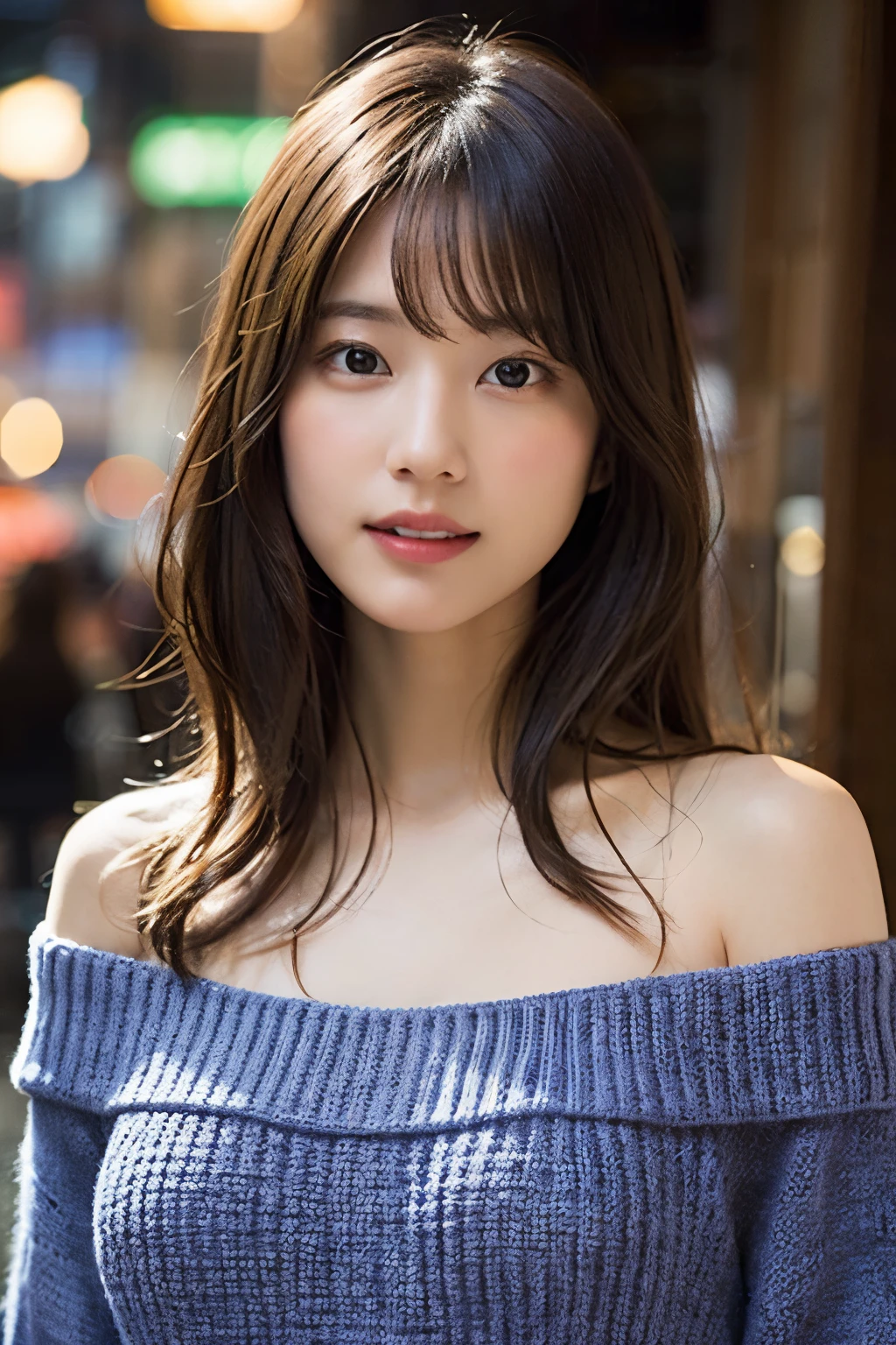 (8K、Raw photo、highest quality、masterpiece:1.2)、(realistic、Photoreal:1.37)、super detailed、Super high resolution、1 girl、see the beholder、beautiful and detailed face、laughter、narrow、(slim waist) :1.3)、shortcut、Beautiful and smooth skin、Beautifully shaped huge breasts、skin texture、floating hair、professional lighting、human body as a whole、brown hair、whole body、Off-shoulder knit dresses