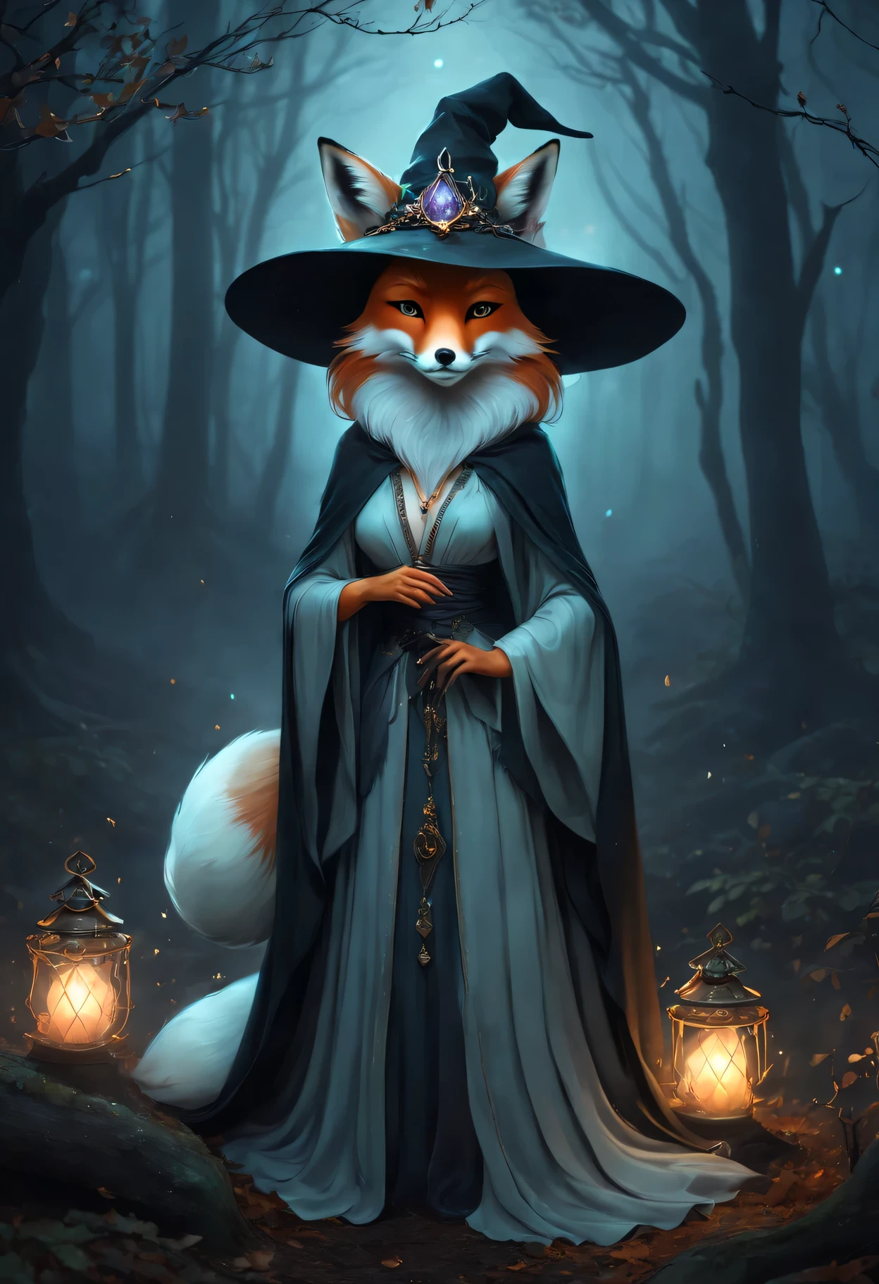 The Fox Witch，Fox personification，cute fox face，witch hat，flowing robe，dark and mysterious forest，fog，portrait style，Soft and ethereal，charming gaze，Sparkling crystals，Otherworldly creatures，Cast a spell in the moonlight，glowing eyes，Specializing in elemental magic，mysterious and seductive，Fierce yet elegant，shrouded in mystery。