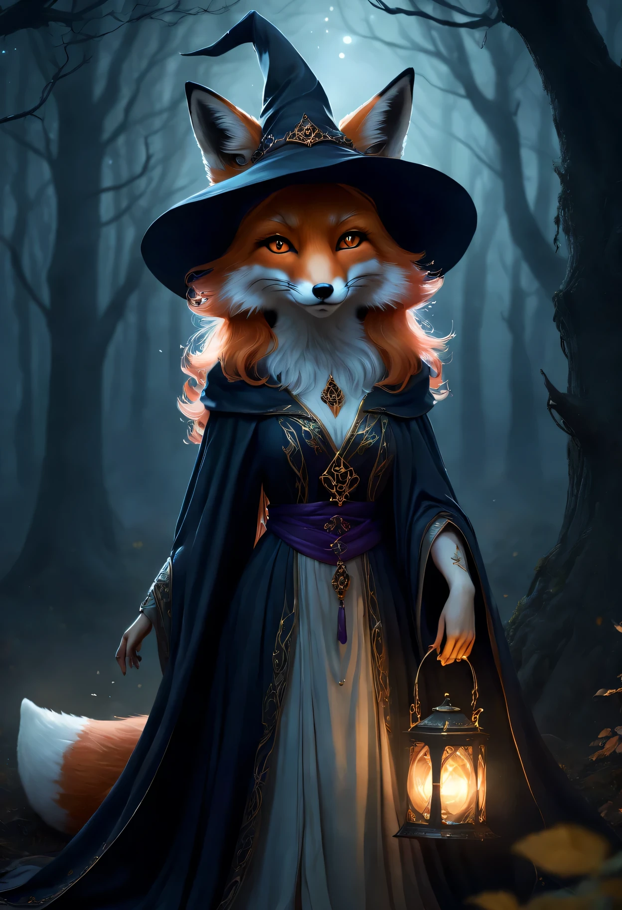 The Fox Witch，Fox personification，cute fox face，witch hat，flowing robe，dark and mysterious forest，fog，portrait style，Soft and ethereal，charming gaze，Sparkling crystals，Otherworldly creatures，Cast a spell in the moonlight，glowing eyes，Specializing in elemental magic，mysterious and seductive，Fierce yet elegant，shrouded in mystery。