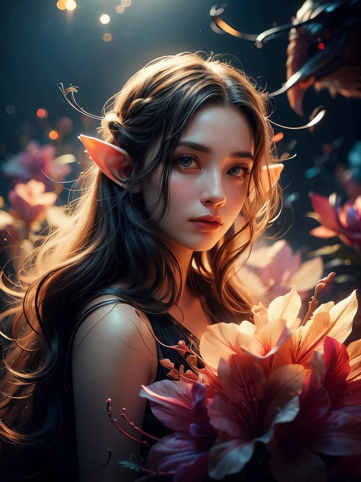 (Best quality, 4k, High-resolution, Masterpiece:1.2), Ultra-detailed, Realistic, Radiant lighting, Epoch Elves, Portraits, Fantastical colors, Fine art, Ethereal beings, Dreamlike, Whimsical creatures, Detailed facial features, Glowing eyes, Elven beauties, Ethereal glow, Mythical creatures, Harmonious composition, Dazzling colors, Stunning visual effects, Otherworldly appearance, Mesmerizing artistry, 