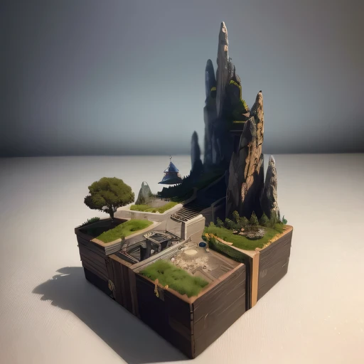 small realistic model, (bifurcation, original photo, best quality, masterpiece:1.4),Steampunk Cyberpunk6916,(Cyberpunk light:1.3),on the desert,horizon (related to land),(in a small nature box:1.3),Isometric, small nature, landscape on foundation,landscape,Distant focus((Lunar soil background))