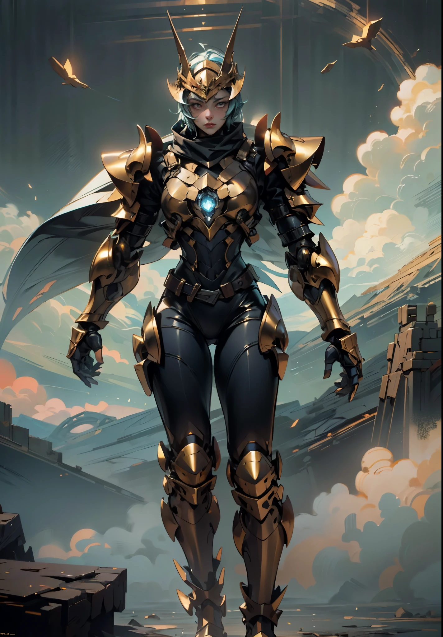 A woman adorned in fantasy-style full-body armor, a crown-concept fully enclosed helmet that unveils only her eyes, a composite layered chest plate, fully encompassing shoulder and hand guards, a lightweight waist armor, form-fitting shin guards, the overall design is heavy-duty yet flexible, the armor gleams with a golden glow, complemented by red and blue accents, exhibiting a noble aura, she floats above a fantasy-surreal high-tech city, this character embodies a finely crafted fantasy-surreal style armored hero in anime style, exquisite and mature manga art style, goddess, femminine, metallic, elegant, high definition, best quality, highres, ultra-detailed, ultra-fine painting, extremely delicate, professional, anatomically correct, symmetrical face, extremely detailed eyes and face, high quality eyes, creativity, RAW photo, UHD, 32k, Natural light, cinematic lighting, masterpiece-anatomy-perfect, masterpiece:1.5