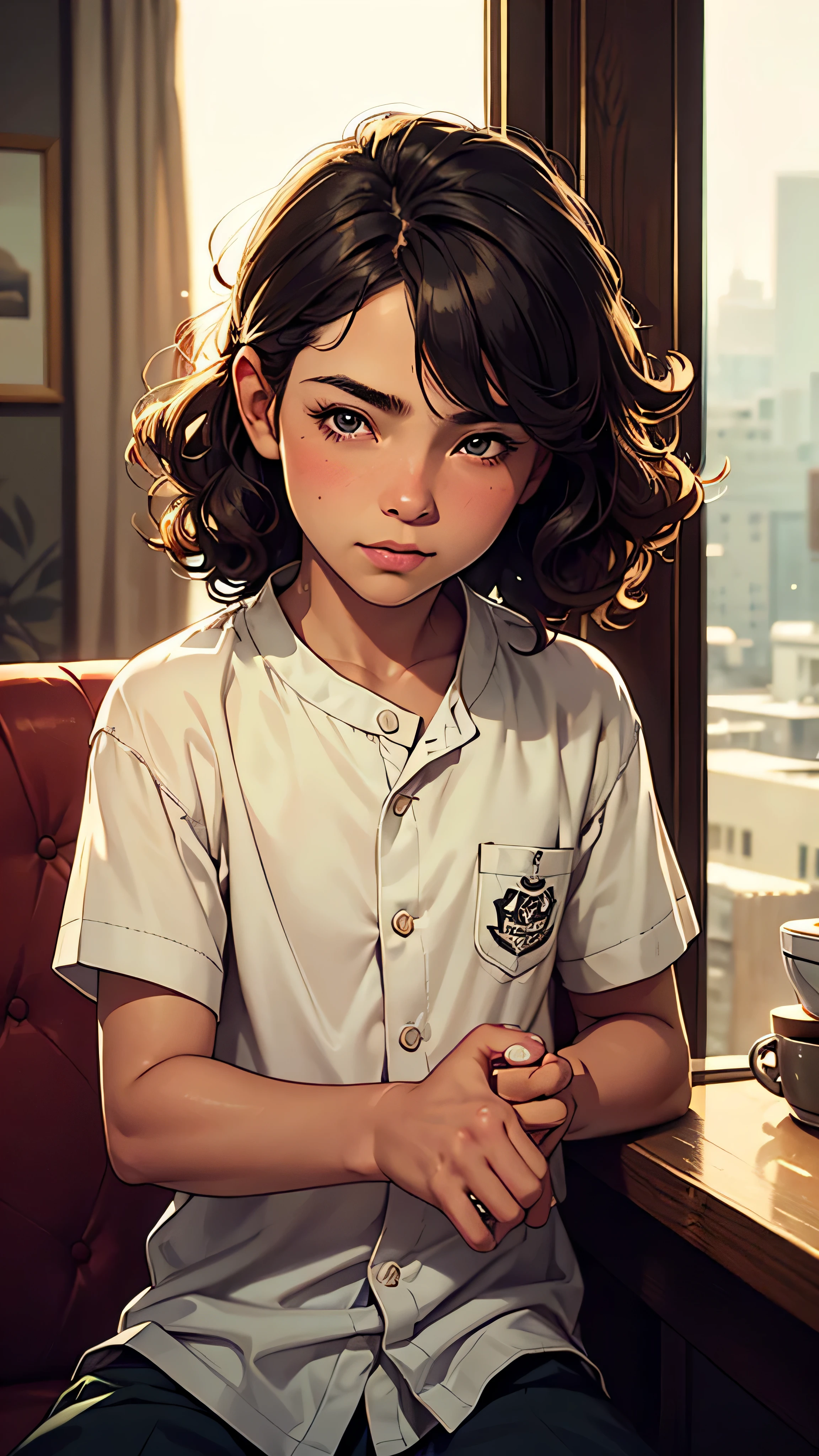 "10-year-old boy ??? in hotel coffee shop,cinematic,morning sunlight,expressive eyes,curly hair,curious expression,vibrant colors,bokeh,soft lighting,artistic rendering,detaiented,playful atmosphere,realistic textures"