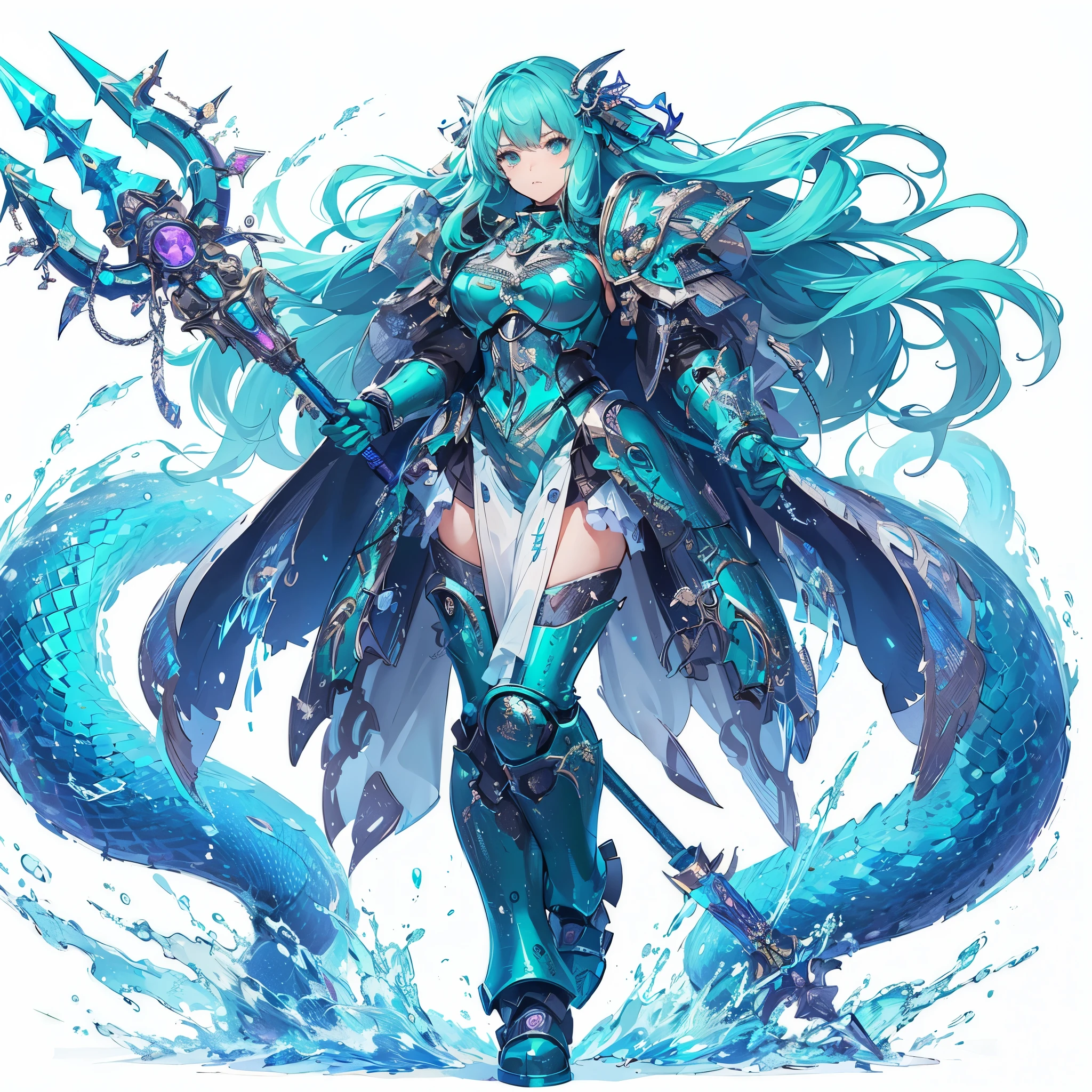 Masterpiece, best quality, ultra-detailed, anime style, full body of space marine girl, azure blue and green power armor, held Trident, giant, supernatural Water and prism shard, ((Decoration in the form of snake scales)), war hammer 40K, 8k high resolution, trending art station, white background, whole body, standing on creak.
