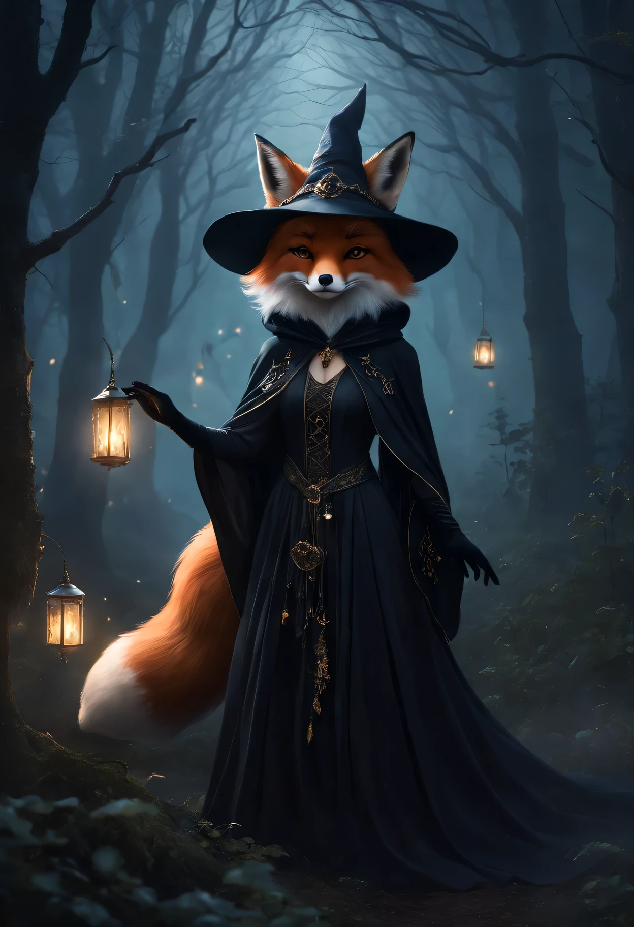 The Fox Witch，Fox personification，cute fox face，witch hat，flowing robe，black gloves，dark and mysterious forest，fog，glowing eyes，portrait style，Soft and ethereal，charming gaze，Sparkling crystals，Otherworldly creatures，Cast a spell in the moonlight，Specializing in elemental magic，mysterious and seductive，Fierce yet elegant，shrouded in mystery。