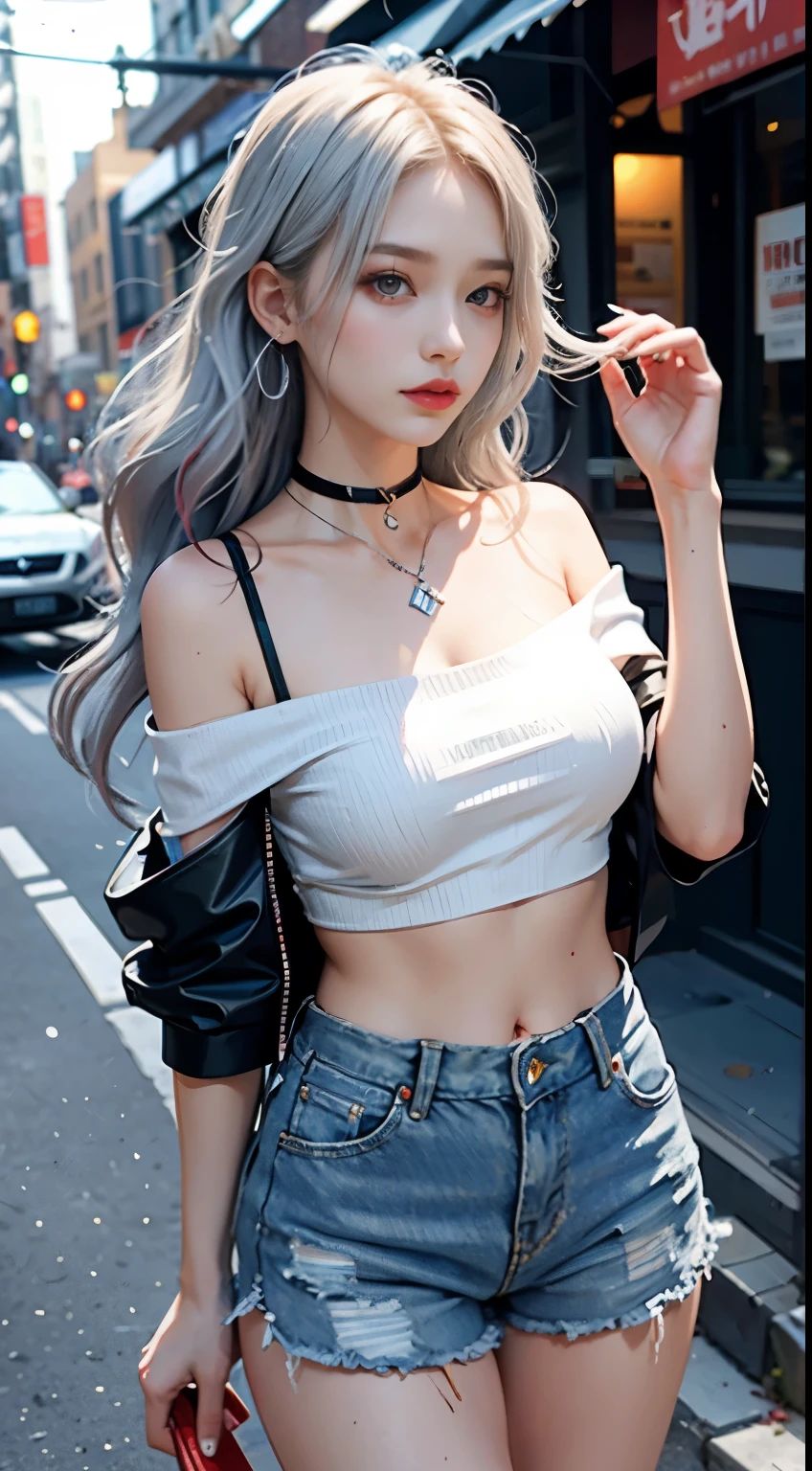 Metropolitan beautiful girl college student,master piece,light makeup,red lip,silver hair,messy long hair,street background,graceさ,grace。super fine,works of masters,authentic texture,cinematic lighting realism,perfect piece,8K,khd,delicate features,White skinny off-shoulder tops,White Skinny Shorts,slim body shape,huge breasts、big and bright eyes,smooth skin,ear drops,choker necklace