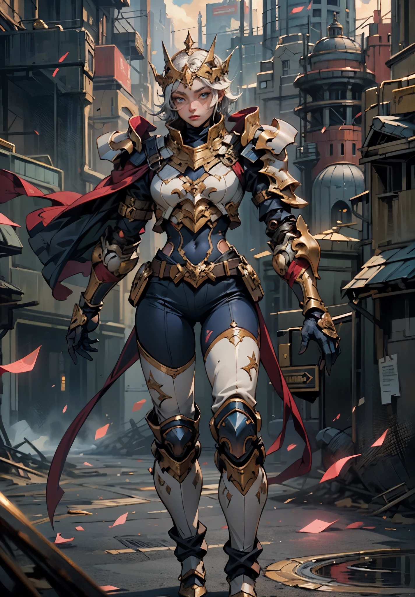 A woman adorned in fantasy-style full-body armor, a crown-concept fully enclosed helmet that unveils only her eyes, a composite layered chest plate, fully encompassing shoulder and hand guards, a lightweight waist armor, form-fitting shin guards, the overall design is heavy-duty yet flexible, the armor gleams with a golden glow, complemented by red and blue accents, exhibiting a noble aura, she floats above a fantasy-surreal high-tech city, this character embodies a finely crafted fantasy-surreal style armored hero in anime style, exquisite and mature manga art style, goddess, femminine, metallic, elegant, high definition, best quality, highres, ultra-detailed, ultra-fine painting, extremely delicate, professional, anatomically correct, symmetrical face, extremely detailed eyes and face, high quality eyes, creativity, RAW photo, UHD, 32k, Natural light, cinematic lighting, masterpiece-anatomy-perfect, masterpiece:1.5