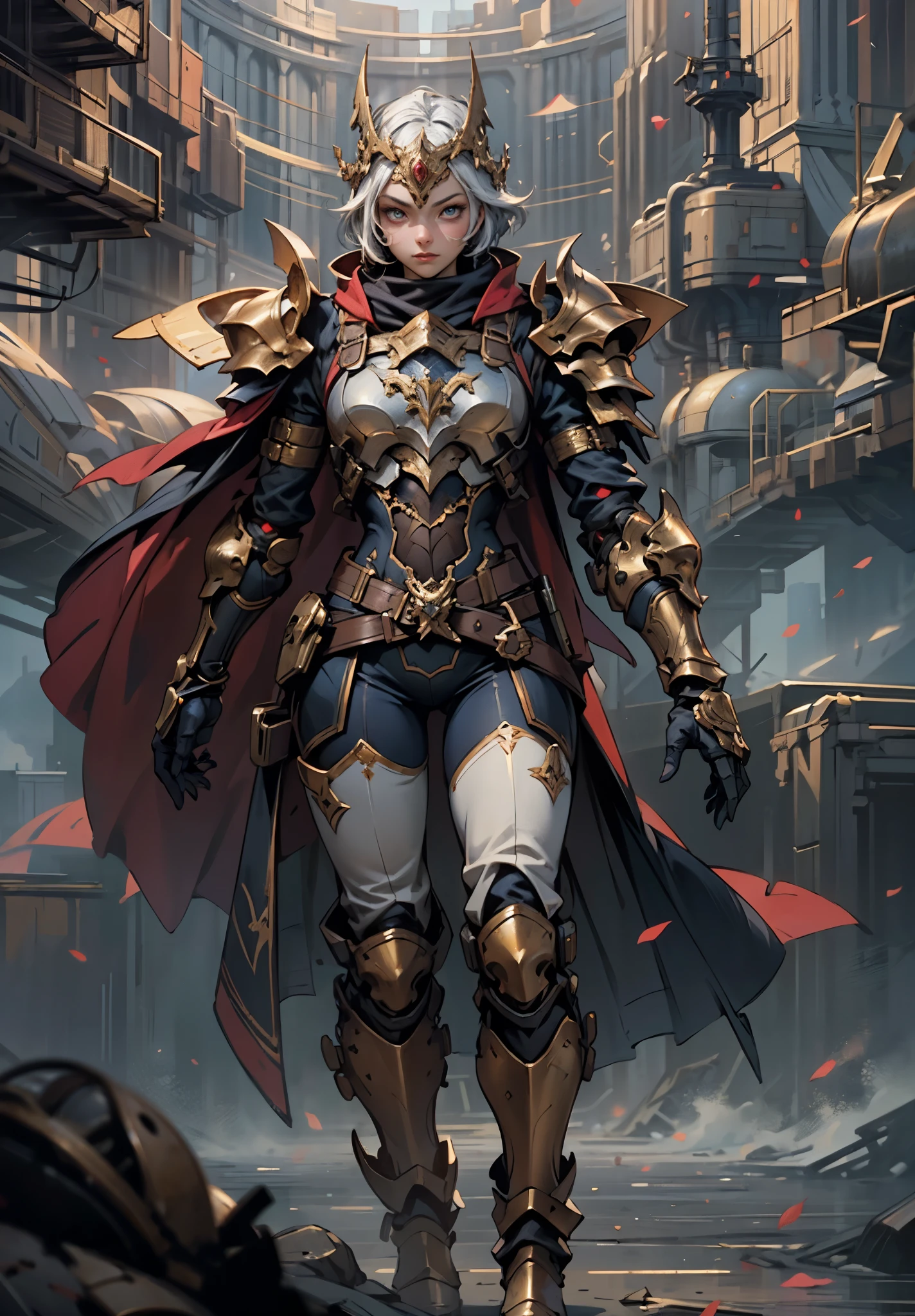 A woman adorned in fantasy-style full-body armor, a crown-concept fully enclosed helmet that unveils only her eyes, a composite layered chest plate, fully encompassing shoulder and hand guards, a lightweight waist armor, form-fitting shin guards, the overall design is heavy-duty yet flexible, the armor gleams with a golden glow, complemented by red and blue accents, exhibiting a noble aura, she floats above a fantasy-surreal high-tech city, this character embodies a finely crafted fantasy-surreal style armored hero in anime style, exquisite and mature manga art style, goddess, femminine, metallic, elegant, high definition, best quality, highres, ultra-detailed, ultra-fine painting, extremely delicate, professional, anatomically correct, symmetrical face, extremely detailed eyes and face, high quality eyes, creativity, RAW photo, UHD, 32k, Natural light, cinematic lighting, masterpiece-anatomy-perfect, masterpiece:1.5