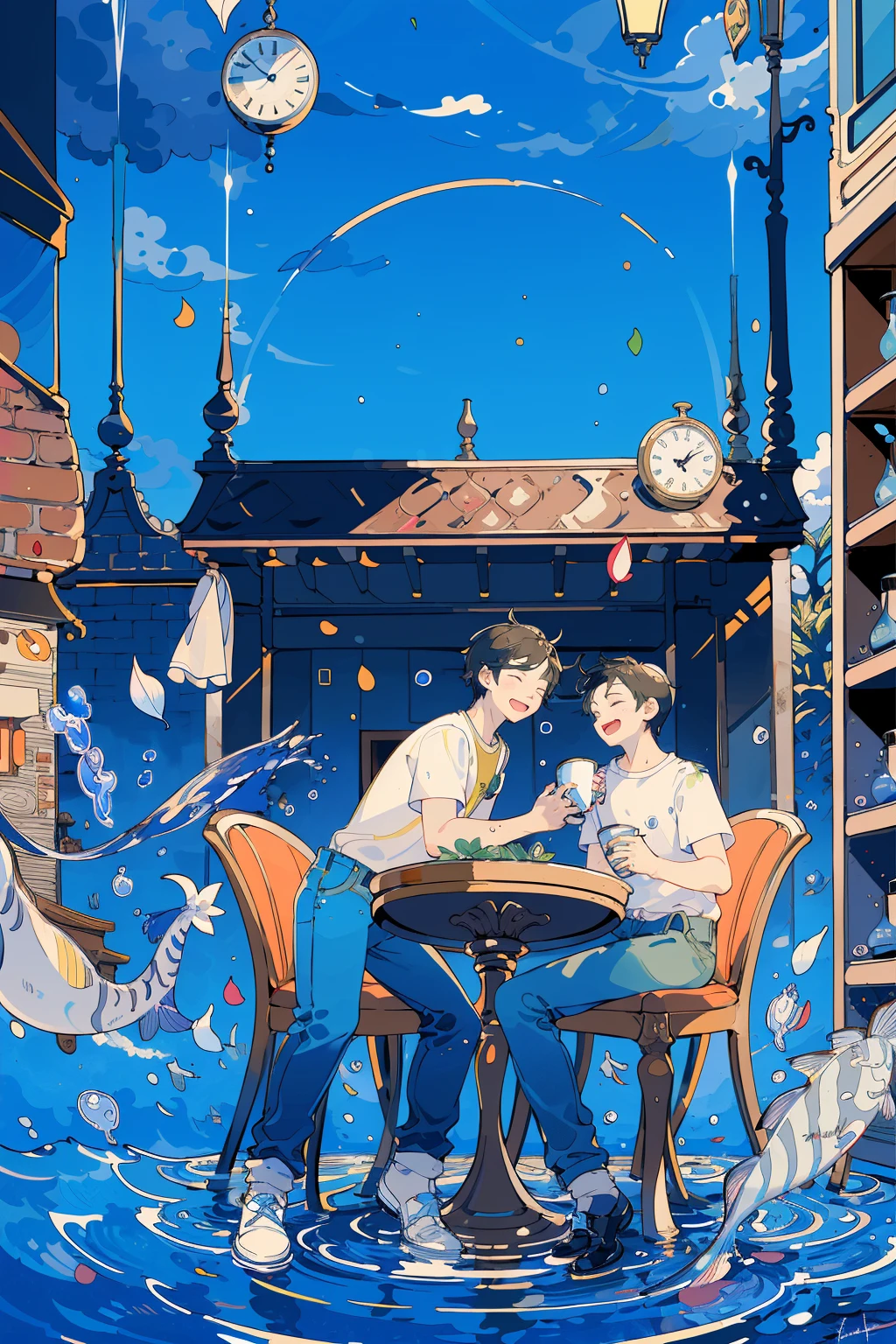 (masterpiece:1.2), best quality,PIXIV,
fairy tale style, multiple men, 2 man, clock, short sleeves, black hair, sitting, closed eyes, chair, plant, cup, shoes, table, shirt, open mouth, water, fish, signature, bubble, pants, wide shot, leaf, white shirt, smile