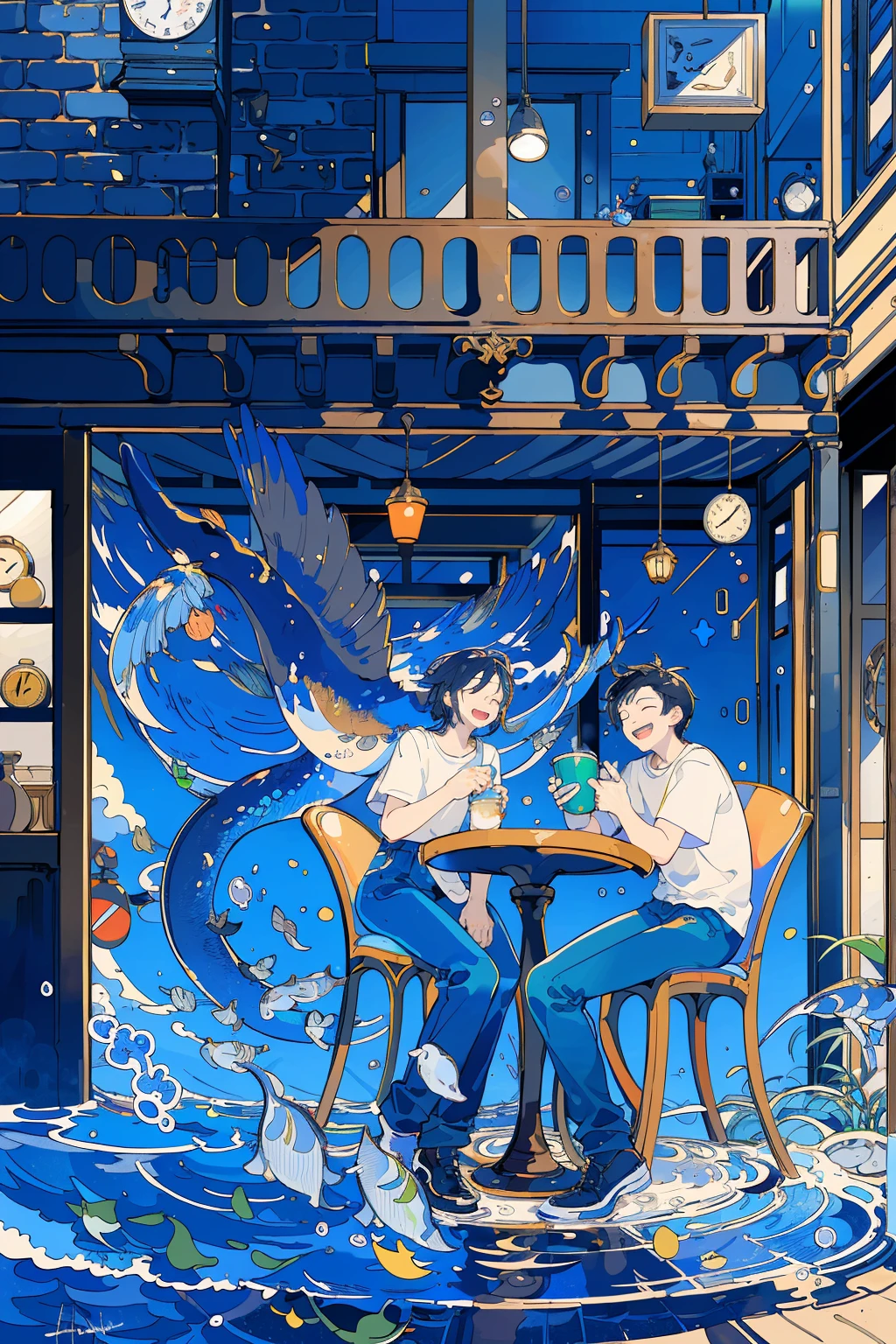 (masterpiece:1.2), best quality,PIXIV, 
fairy tale style, multiple men, 2 man, clock, short sleeves, black hair, sitting, closed eyes, chair, plant, cup, shoes, table, shirt, open mouth, water, fish, signature, bubble, pants, wide shot, leaf, white shirt, smile
 