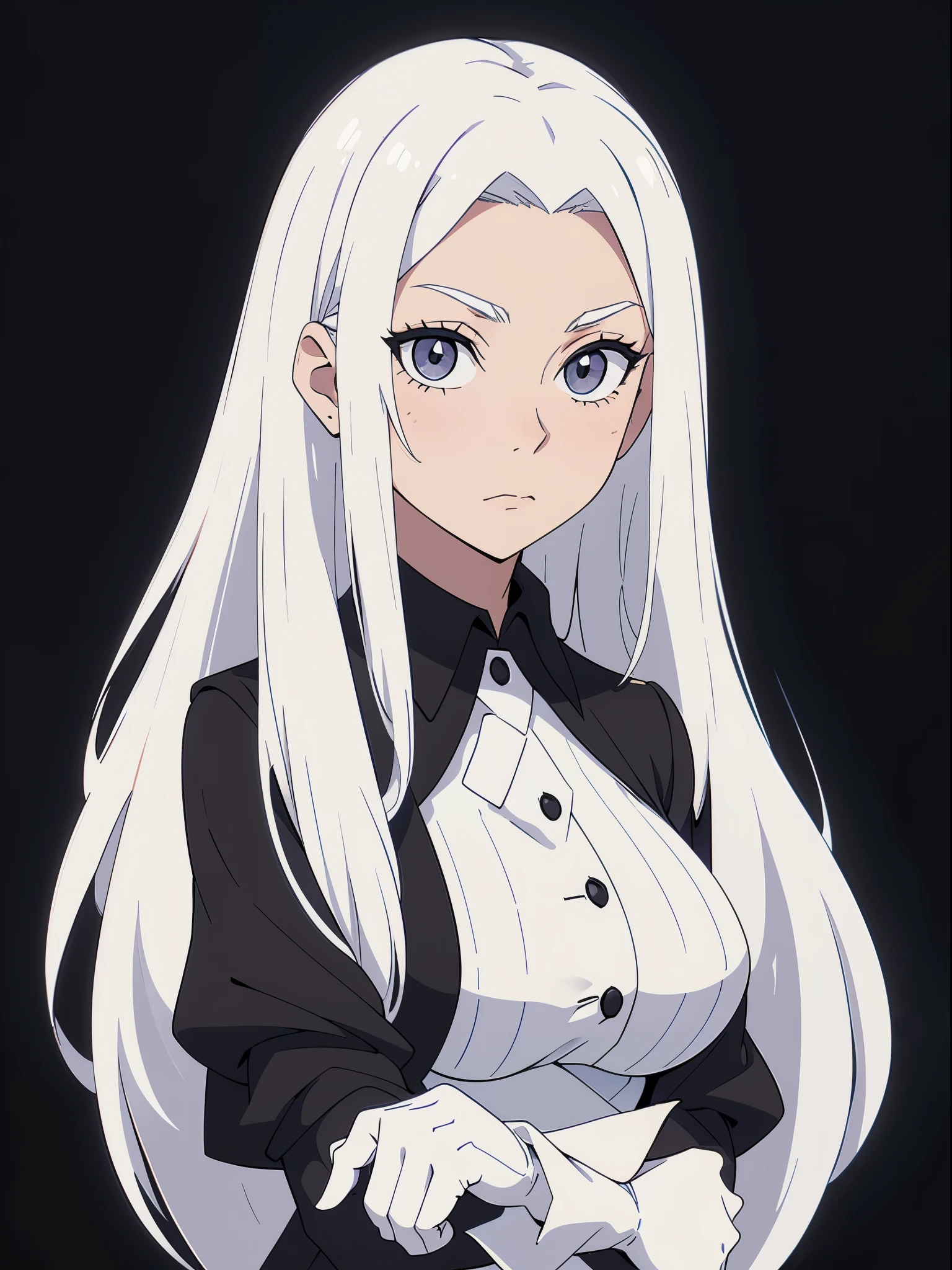 ((White hair)),((Head and Shoulders Image)),(super-long hair),Sexy,A person,Alone,Simple style,pancake ,Simple details,Black background,Empty background,Black background wall,(20 year old woman),(Cotehardie),(White Gloves),Lace Shirt,Waistcoat,((Shy))