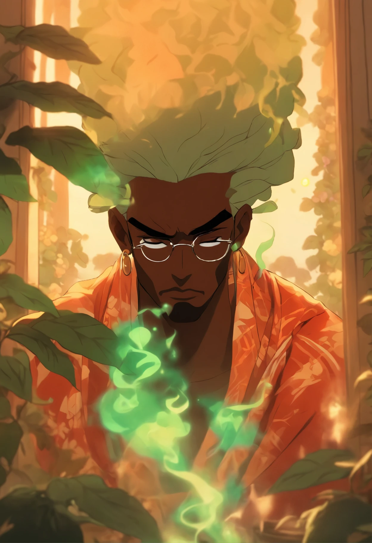 ((determined ((dark-skinned ((Haitian)) male wizard with freeform braided hairstyle wearing glasses)) rolling up herbal joint while waiting for tea to boil, (wearing detailed flowing wizard's robe), (cannabis flower tattoos on arms and legs), high quality photo, relaxing and smoking in the kitchen (with copious tall cannabis sativa plants and hydrangeas surrounding scene with foggy sunrise visible through large glass window), masterpiece, highly detailed, perfect face