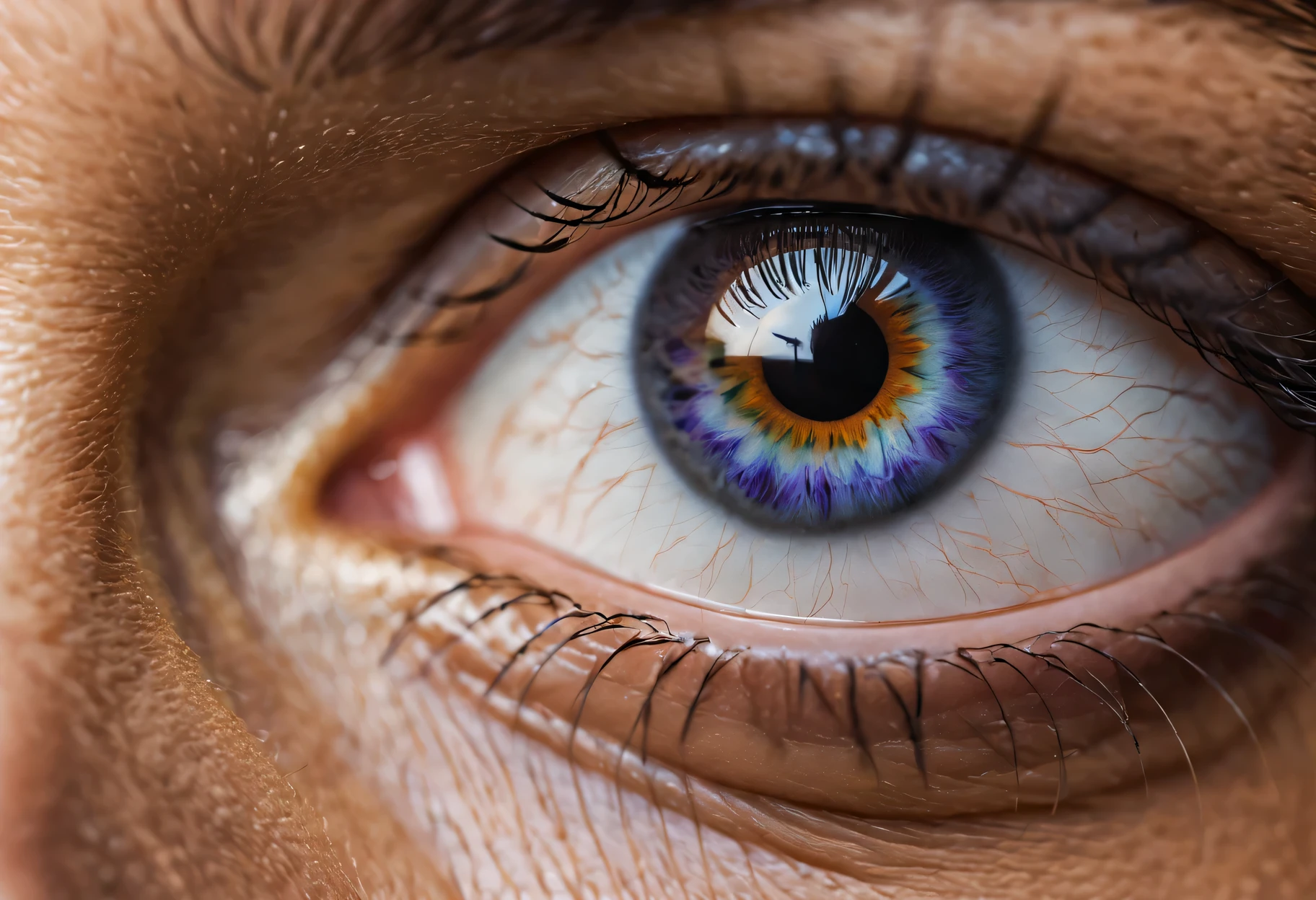 Close-up photo of eyes, perfect iris texture, perfect skin texture, Natural shine, the photographer&#39;s reflection is visible, Canon EOS 5D Mark IV Body EF 24-105mm f/4L IS II USM