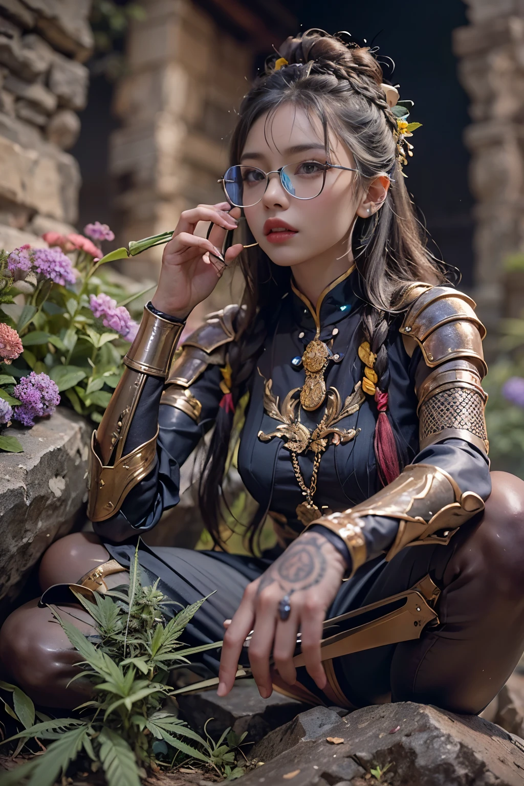 ((determined ((dark-skinned ((Vietnamese)) female mystic knight with freeform braided hairstyle wearing glasses)) rolling up herbal joint while sitting on stone pillar in front of crumbling cave ruins, (wearing detailed tarnished layered knight's armor), (visible cannabis flower tattoos), high quality photo, relaxing and smoking in front of the ruins (with copious tall cannabis sativa plants and hydrangeas surrounding scene with gorgeous colorful sunrise), masterpiece, highly detailed, perfect face