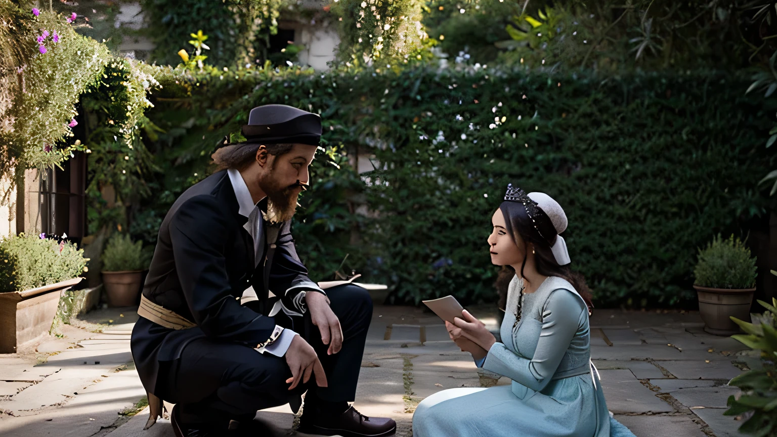 Depict a tense moment between Esther and Mordecai as they converse in a secluded garden, conveying the weight of Esther's hidden identity and the gravity of their conversation.