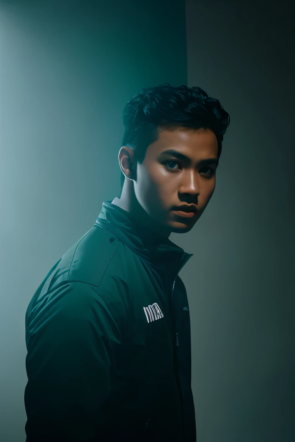 portrait of a award winning photo of young indonesian man posing in a dark studio, (rim lighting,:1.4) two tone lighting, sharp focus, teal hue, octane, unreal, dimly lit, low key,  