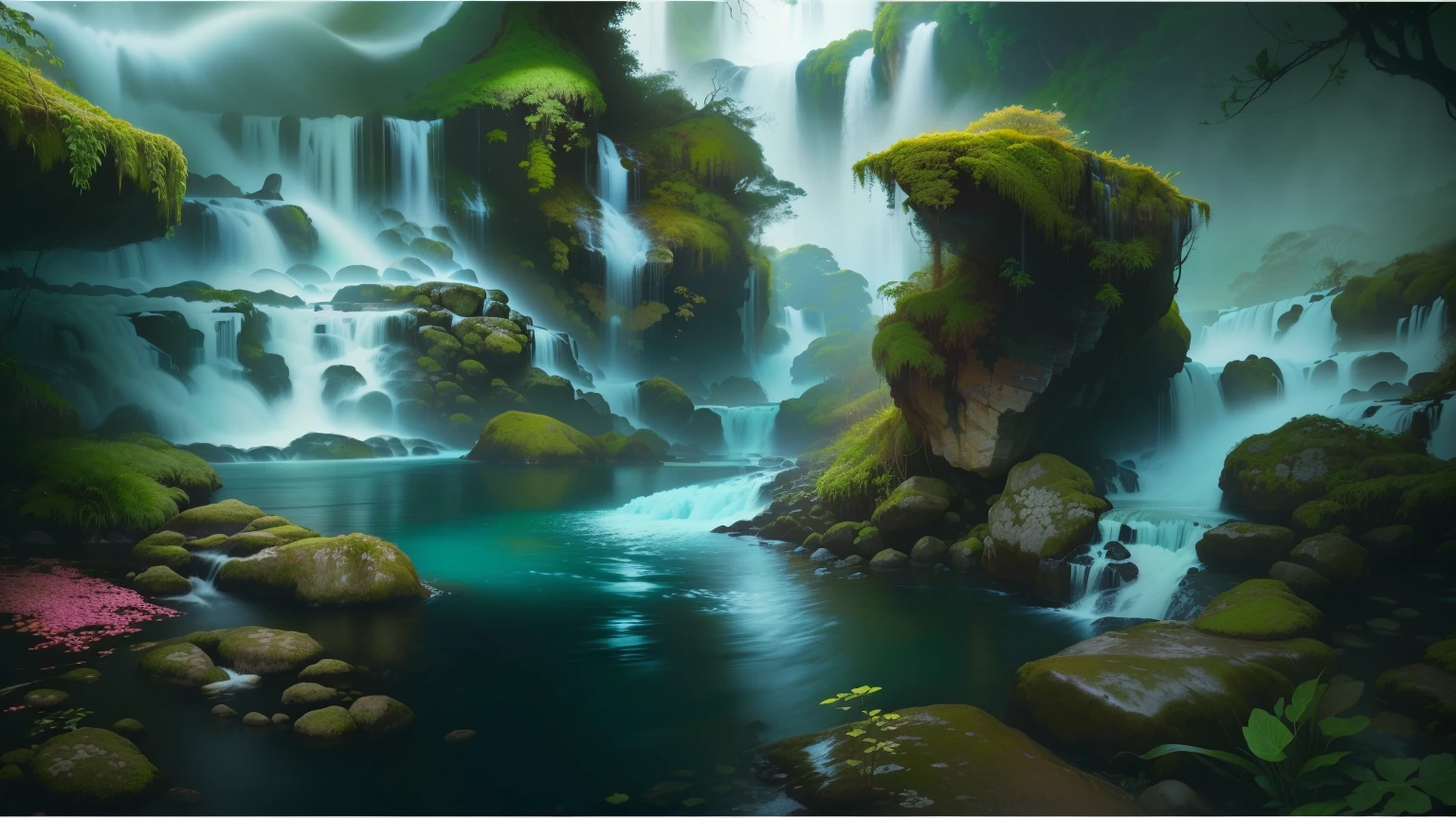 imagem foto realista em 4k de uma cachoeira em uma floresta tropical com uma cachoeira ao fundo, cachoeiras e lagos, fantasy scenic, papel de parede da natureza, amazing wallpaper, Paisagem de arte de fantasia, Lagos e cachoeiras, Cachoeira tranquila e bonita, majestosa paisagem natural, pano de fundo da cachoeira, lindo papel de parede, bela pintura de fantasia, Cena de fantasia, pintura de fantasia realista, natureza bela, arte digital muito linda, really natureza bela