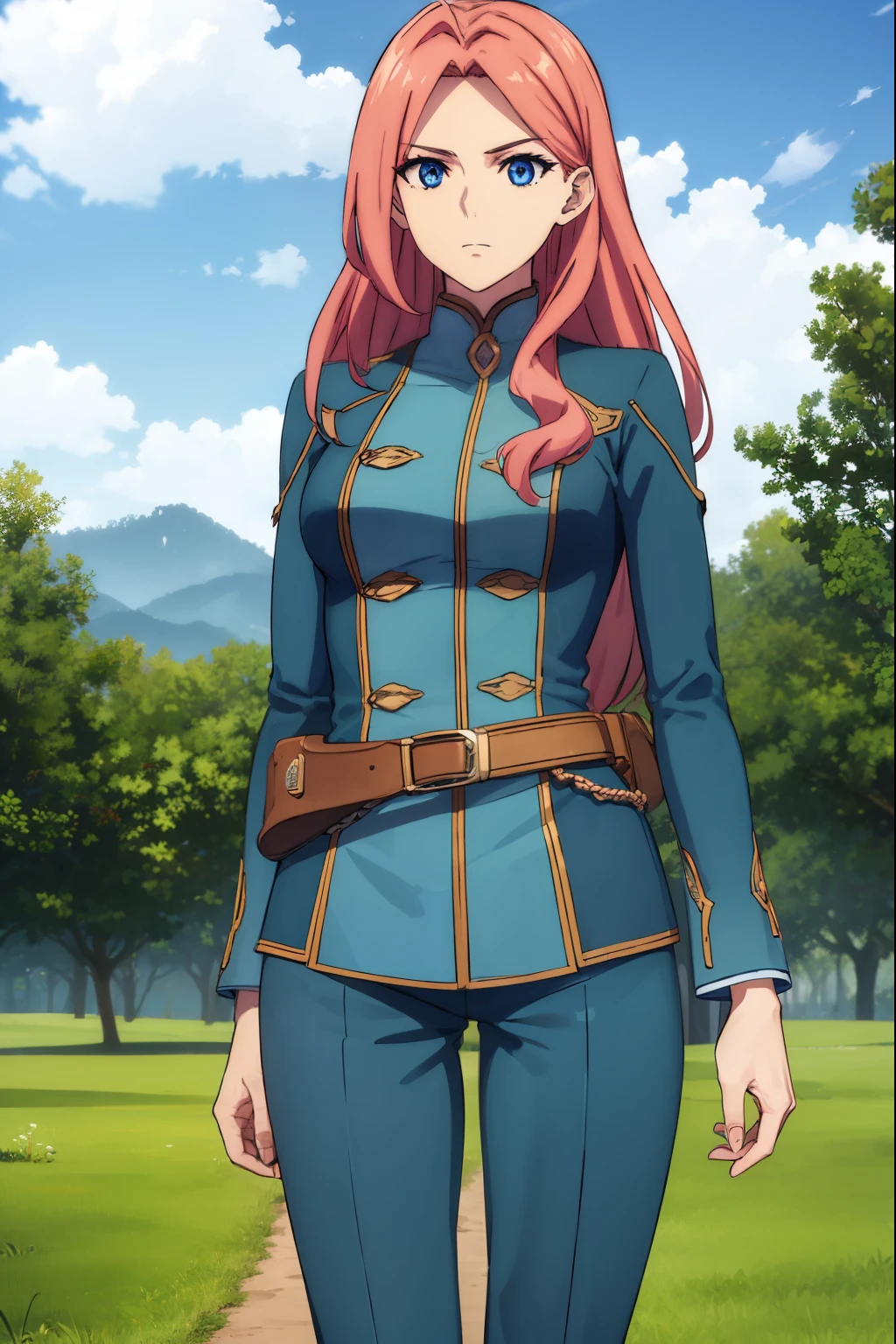 eclairseaetto, eclair seaetto, pink hair, long hair, blue eyes,
BREAK boots, belt, pants, uniform, uniform, military uniform,
BREAK outdoors, forest, nature, sun, sky, clouds, trees,
BREAK looking at viewer, (cowboy shot:1.5),
BREAK (masterpiece:1.2), best quality, high resolution, unity 8k wallpaper, (illustration:0.8), (beautiful detailed eyes:1.6), extremely detailed face, perfect lighting, extremely detailed CG, (perfect hands, perfect anatomy),