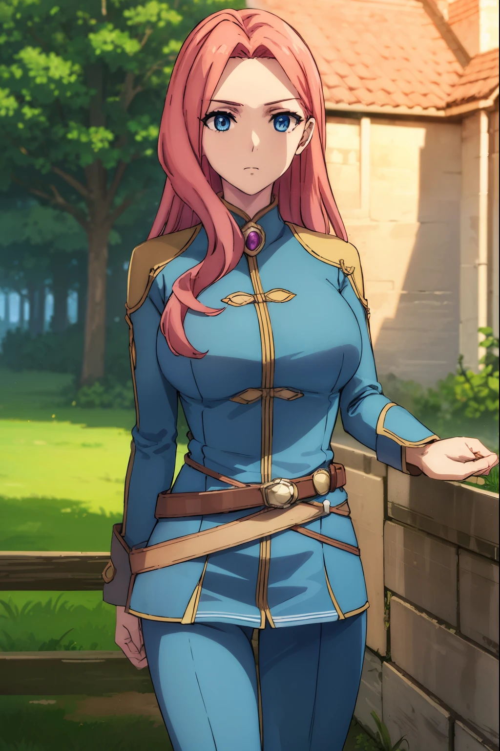 eclairseaetto, eclair seaetto, pink hair, long hair, blue eyes,
BREAK boots, belt, pants, uniform, uniform, military uniform,
BREAK outdoors, forest, nature, sun, sky, clouds, trees,
BREAK looking at viewer, (cowboy shot:1.5),
BREAK (masterpiece:1.2), best quality, high resolution, unity 8k wallpaper, (illustration:0.8), (beautiful detailed eyes:1.6), extremely detailed face, perfect lighting, extremely detailed CG, (perfect hands, perfect anatomy),