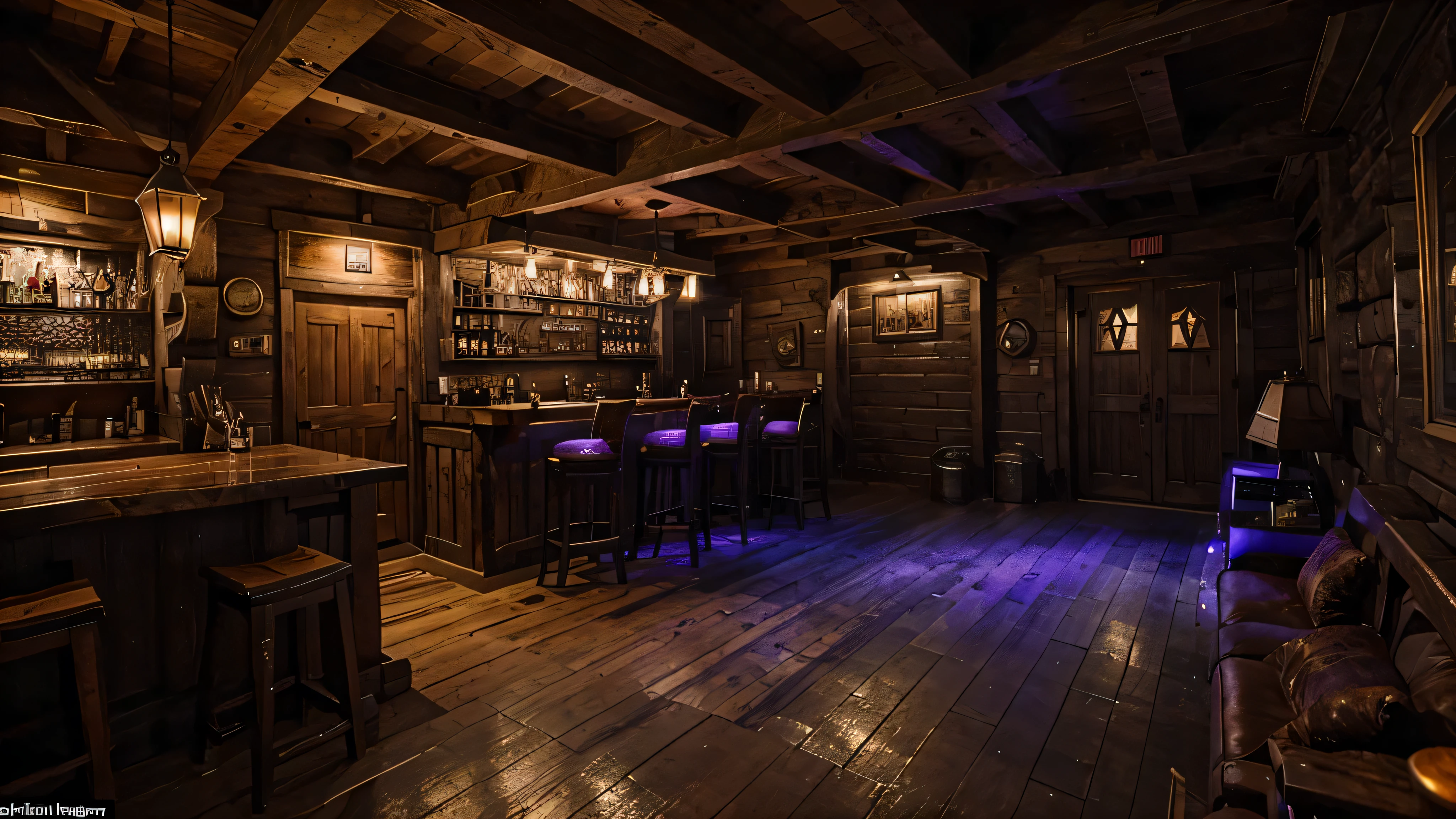 a rusting hunting lodge with full bar, dark purple crystals emit dim light