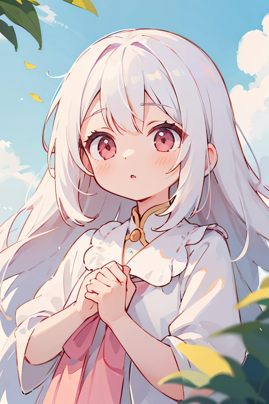 masterpiece, best quality, Lovely, kawaii, 1 girl, Upper body, long white hair,Pale pink eyes, sunny, cloudy sky,