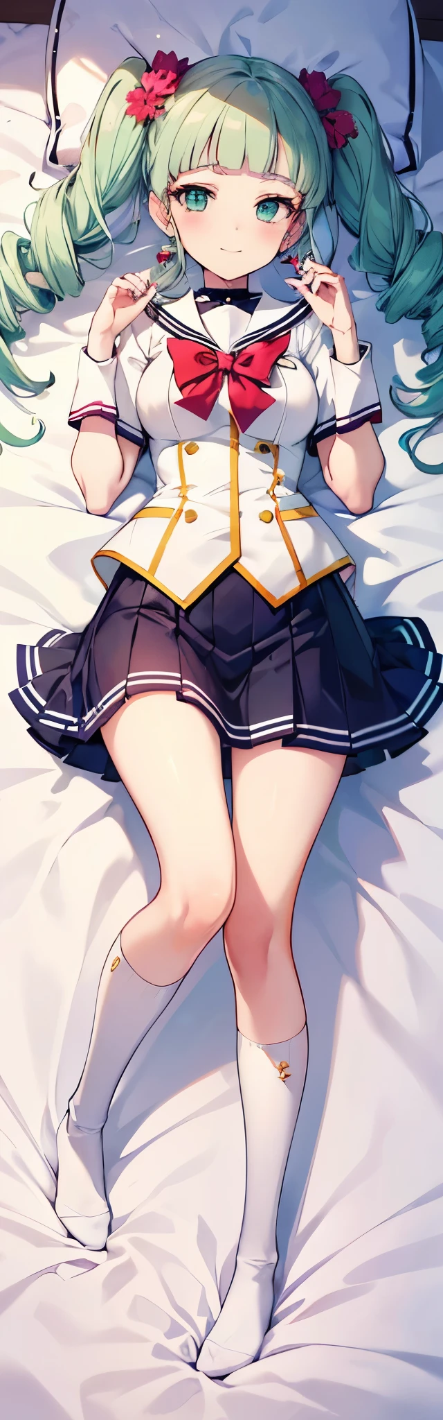 ((anime girl)),((official art)),(((Yurika Todo))),((Aikatsu!)), smile, butterfly hair ornaments, butterfly earrings, green beautiful eyes, red nails, (masterpiece, highest quality, highest quality, official art, beautiful and aesthetic: 1.2), ((Light green hair, twin drill,high short twintail)),(((((blunt bangs))))),4K, hyper hd, white skin,(((starlight school uniform,Marching Band))), baroque,elegant, Smooth anime CG art, movie lighting, vampire, bat wings, lure,(full body,dakimakura  illumination,on the bed、On your back、lying down、beautiful girl)