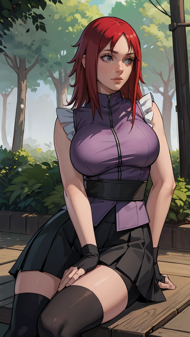 (masterpiece:1.2, best quality:1.2, beautiful, high quality, highres:1.1), detailed, extremely detailed 4K, perfect eyes, perfect face, perfect lighting, (1girl, solo, adult female, mature female), thin, lithe body, 
karin, long red hair, red eyes, glasses, (big breasts), sitting
(Pale violet sleeveless shirt), black straight skirt, bike shorts under skirt, black stockings, combat gloves, 
(outside, trees, japanese village background:1.2), closed clothes, closed zipper shirt, ((((sensual seductive, busty)))) 