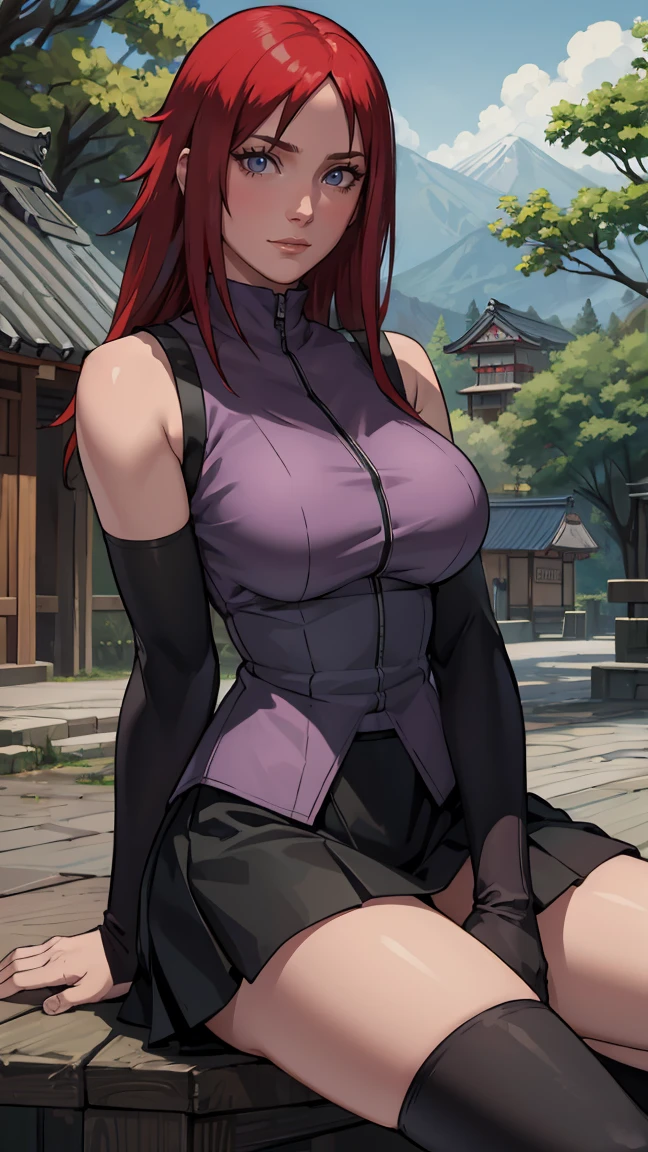 (masterpiece:1.2, best quality:1.2, beautiful, high quality, highres:1.1), detailed, extremely detailed 4K, perfect eyes, perfect face, perfect lighting, (1girl, solo, adult female, mature female), thin, lithe body, 
karin, long red hair, red eyes, glasses, (big breasts), sitting
(Pale violet sleeveless shirt), black straight skirt, bike shorts under skirt, black stockings, combat gloves, 
(outside, trees, japanese village background:1.2), closed clothes, closed zipper shirt, ((((sensual seductive, busty)))) 