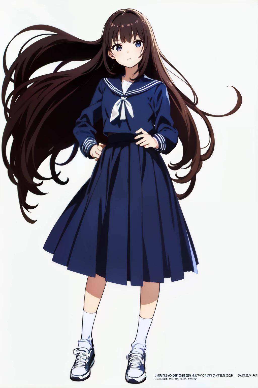 (white background:1.0), (anime:1.0), (official art:1.0), (best quality:1.0), (masterpiece:1.0), (full body:1.0), (solo:1.0), (a yo cute girl:1.0), (long skirt:1.5), (dark blue skirt:1.5), (pleated skirt:1.0), (long sleeve dark blue sailor uniform:1.5), (sneakers:1.0), (white socks:1.5), (ideal ratio body proportions:1.0), (lanky:1.0), (tall:1.0), (slender:1.0), (small breasts:1.0), (smaller face:1.0), (tareme:1.0), (detailed beautiful eyes:1.0), (detailed beautiful face:1.0), (glowing black eyes:1.0), (long hair:0.5), (black hair:1.0)