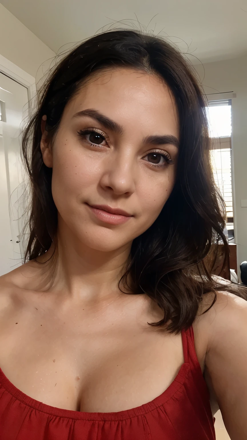47-year-old woman, pores on her skin and fine wrinkles, brown eyes, light circles under her eyes, arched eyebrows, black hair, ultra realistic, casual style photo, cell phone photo style, selfie, small breasts, shirt without showing her body, red dress, soft smile