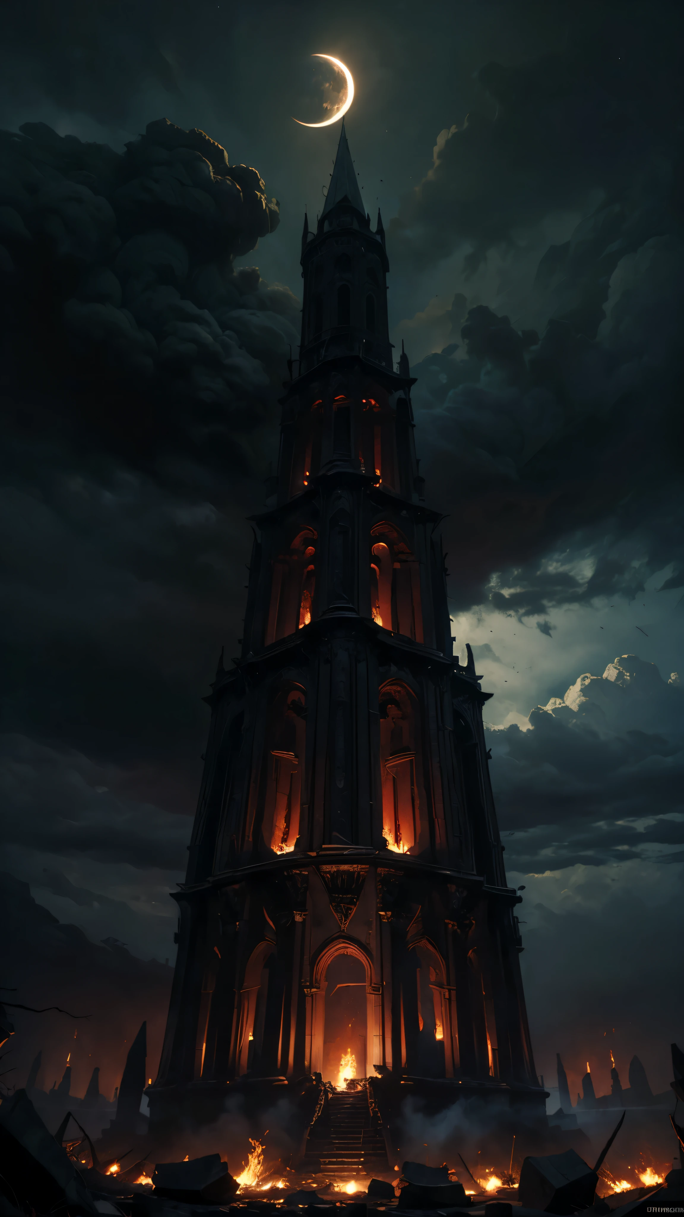 ((masterpiece:1.4), extremly detailed, best quality, 8k, ultra hd), red and black colours, dnd, grim fantasy, dark clouds, low brightness, lunar eclipse, bonefire, huge ruins of the medieval castle, grey clouds, ruins everywhere, the end of the world, apocalypse, ashes in the air, burning ashes in the air, dark fantasy