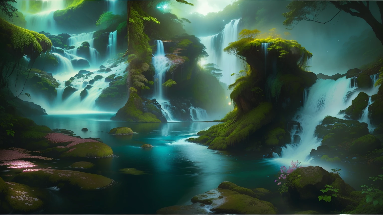 imagem foto realista em 4k de uma cachoeira em uma floresta tropical com uma cachoeira ao fundo, cachoeiras e lagos, fantasy scenic, papel de parede da natureza, amazing wallpaper, Paisagem de arte de fantasia, Lagos e cachoeiras, Cachoeira tranquila e bonita, majestosa paisagem natural, pano de fundo da cachoeira, lindo papel de parede, bela pintura de fantasia, Cena de fantasia, pintura de fantasia realista, natureza bela, arte digital muito linda, really natureza bela