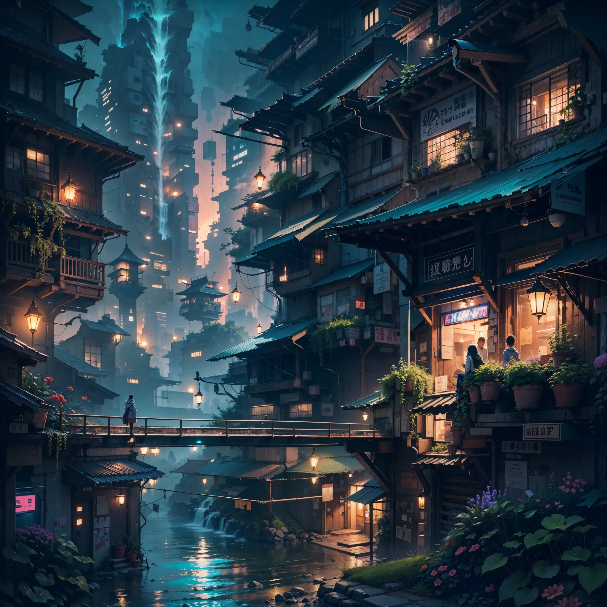 anime city at night with waterfall and waterfall in foreground, andreas rocha style, inspired by Andreas Rocha, lush foliage cyberpunk, ross tran. scenic background, the style of andreas rocha, anime background art, futuristic cyberpunk tokyo night, anime scenery concept art, by Andreas Rocha, anime style cityscape, beautiful cityscape, hd anime cityscape, amazing wallpaper