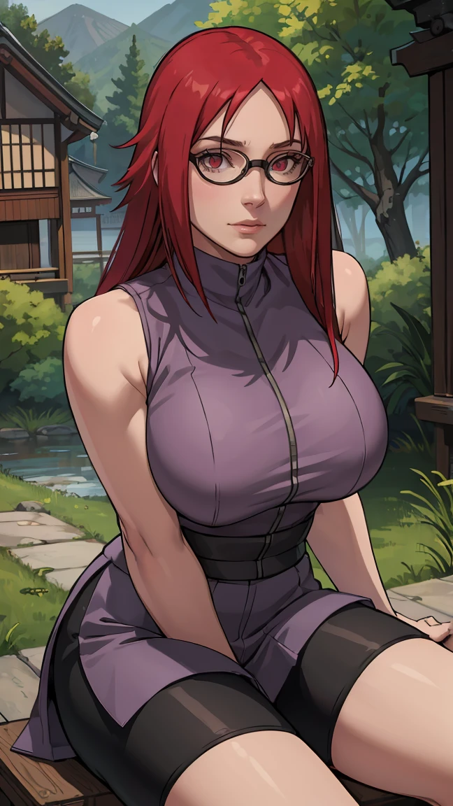 (masterpiece:1.2, best quality:1.2, beautiful, high quality, highres:1.1), detailed, extremely detailed 4K, perfect eyes, perfect face, perfect lighting, (1girl, solo, adult female, mature female), thin, lithe body, 
karin, long red hair, red eyes, glasses, (big breasts), sitting, red eyes, glasses
(Pale violet sleeveless shirt), black straight skirt, bike shorts under skirt, black stockings, combat gloves, 
(outside, trees, japanese village background:1.2), closed clothes, closed zipper shirt, ((((sensual seductive, busty)))) 