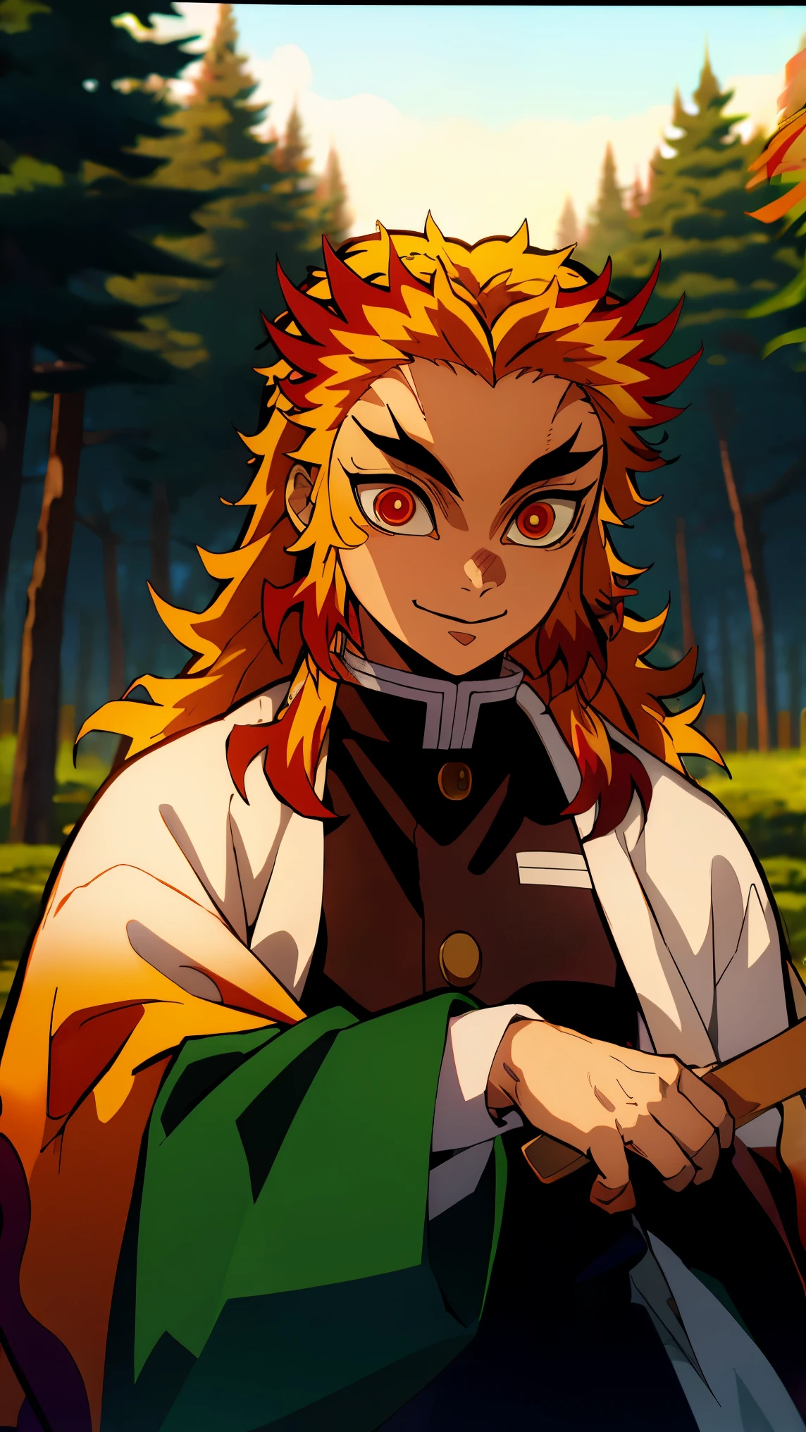 rengoku kyoujurou, demon slayer, 1boy, solo, upper body, sky, nature, tree, male focus,  long hair, smile, blonde hair, red hair,  red eyes, long sleeves, demon slayer uniform, outdoors, day, best quality, masterpiece, 