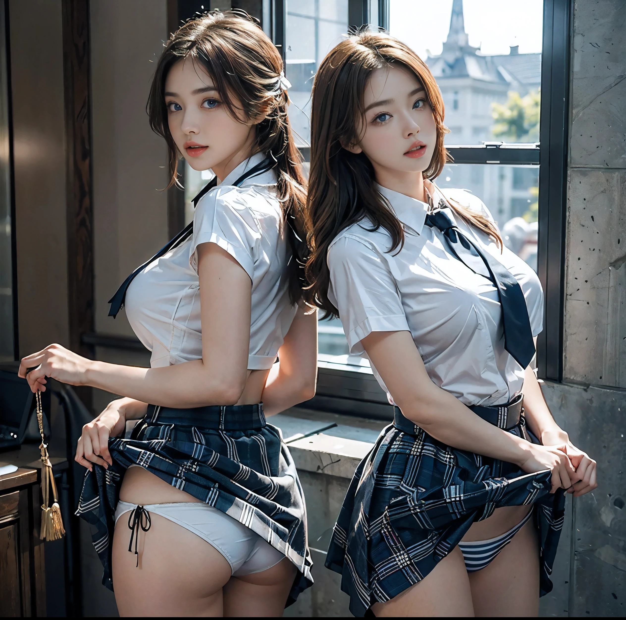 Highest image quality、8K quality、masterpiece、professional writing、（Two big breasted women are standing：1.2）、（Super big breasts compressed with clothes：1.2）、Whitening skin、Shining blue eyes、（A tight pure white shirt that completely covers her huge breasts)、Crimson Ribbon Tie、Amazingly short super mini pleated tartan check skirt、(The upper body is hidden by the shirt and no skin is visible.)、above the knee、Skirtliftv1、(Beautiful butt:1.3)、(Super big breasts straight ahead composition:1.2), (white panties)