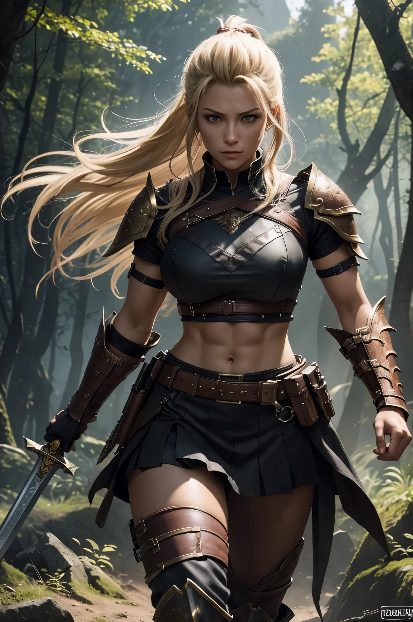 8K,A woman wearing angry black and brown armor is photographing, smooth CG art, Glossy skin, 8K high quality detailed art, Photorealistic anime girl rendering, fan art best art station, It&#39;s a fighting pose, Beautiful and attractive receptionist woman, Forms of anger, smooth digital concept art, highly detailed characters, white and shining skin,fantasy art,adventurer&#39;Guild Counter,character art,Blonde mohawk hair,thin muscular body,red and white ruffle skirt,Thin macho,guild staff,Super high resolution,surreal,crack your abs,Sexy,ample breasts,black and brown combat pants,２hold a book sword in both hands,sharp gaze,battle scene,battle scene,action scene,action pose,In front of the ruins in the forest,rock,