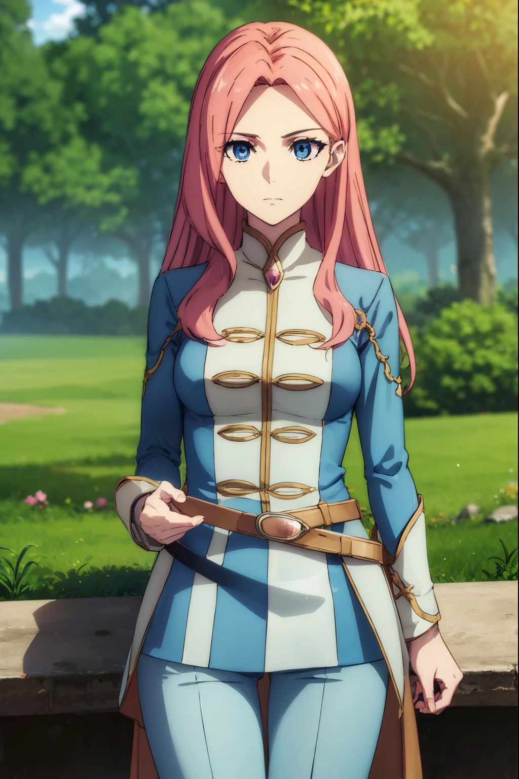 eclairseaetto, eclair seaetto, pink hair, long hair, blue eyes,
BREAK boots, belt, pants, uniform, uniform, military uniform,
BREAK outdoors, forest, nature, sun, sky, clouds, trees,
BREAK looking at viewer, (cowboy shot:1.5),
BREAK (masterpiece:1.2), best quality, high resolution, unity 8k wallpaper, (illustration:0.8), (beautiful detailed eyes:1.6), extremely detailed face, perfect lighting, extremely detailed CG, (perfect hands, perfect anatomy),