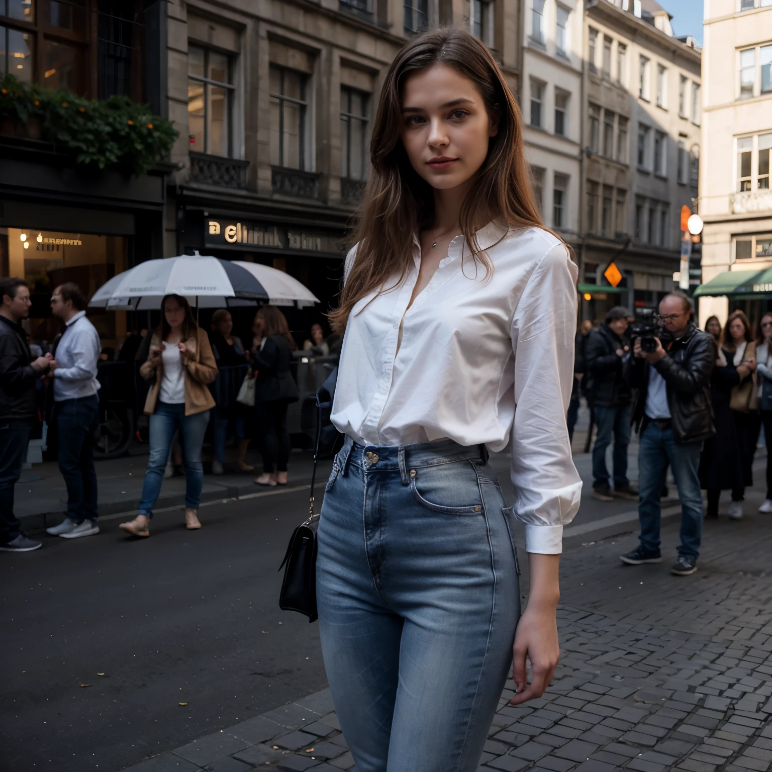Hochwertiges Rendering einer niedlichen 24 years old.Tina Douthit, mittellanges braunes haar, Detaillierte symmetrische haselnussbraune Augen, Selbstbewusst aussehen, entspannt, Sorrisos, with a hint of superiority, White blouse, blaue jeans, in der stadt, Atemberaubendes realistisches Foto, 3D-Rendering, Aufwendig detailliert, filmisch, Zentriertes hyperrealistisches Titelbild