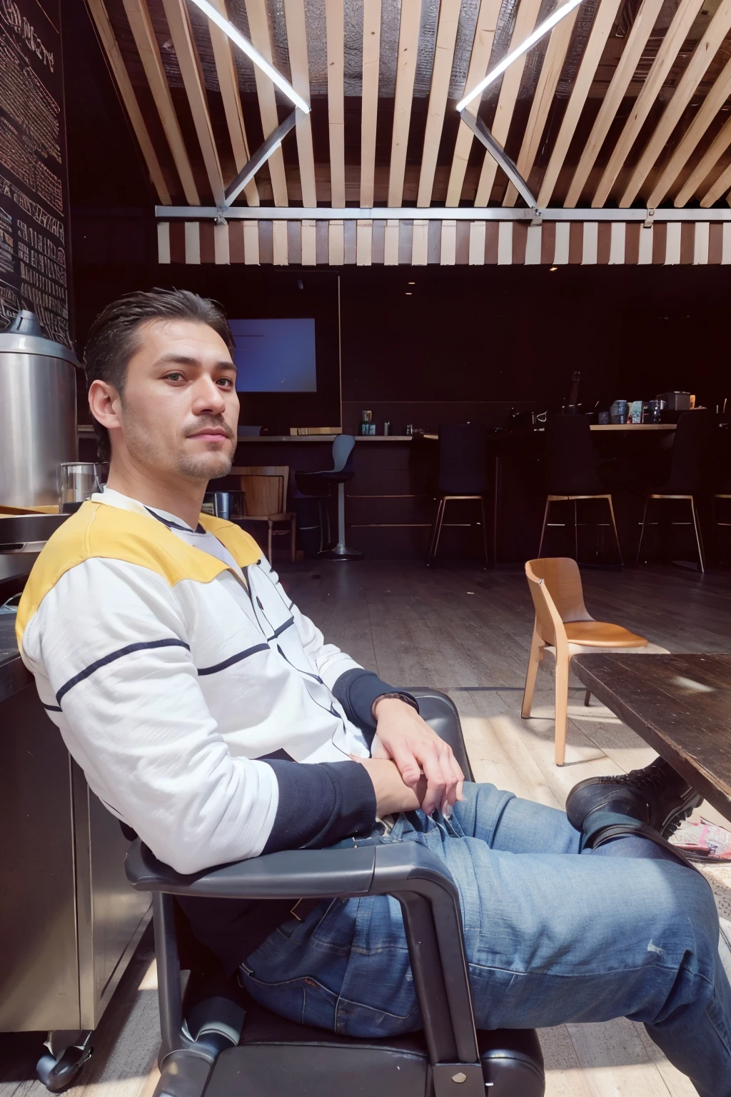 there is a man sitting in a chair at a table, wearing jacket, denim jacket, premium jacket, taken with sony alpha 9, shot on nikon z9, sitting in a cafe alone, taken with canon 8 0 d, taken with canon 5d mk4, taken with canon eos 5 d mark iv, taken with sony a7r camera, chill time. good view, very artistic pose