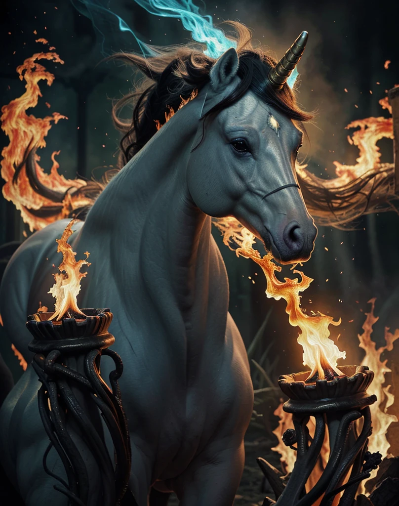 Close-up view: Fiery mane and horn of the majestic unicorn ablaze; flames licking its fur with vibrant hues; eyes glowing with ethereal light against a backdrop of swirling magical energy; mystical, intense, captivating; reminiscent of the works of fantasy artists like Donato Giancola and Todd Lockwood; rendered with meticulous detail and dynamic brushstrokes; a mesmerizing blend of realism and fantasy.