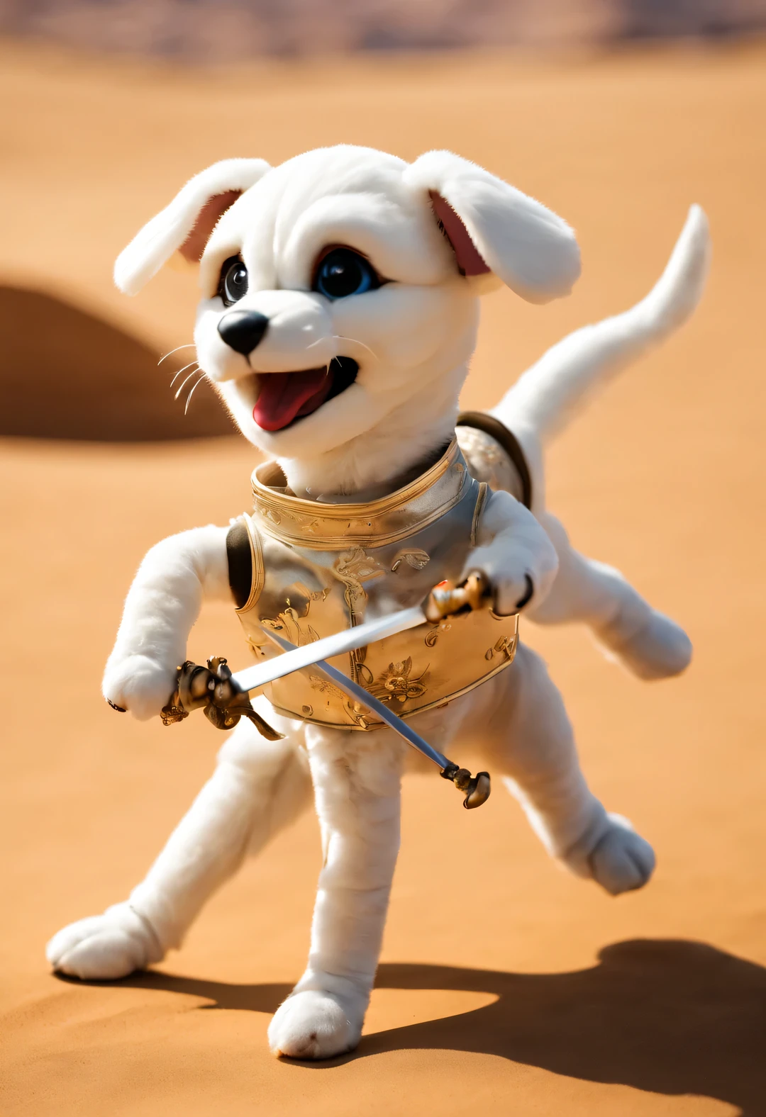Puppy puppets have a fencing match in the desert, Swordsmanship and dynamic action,