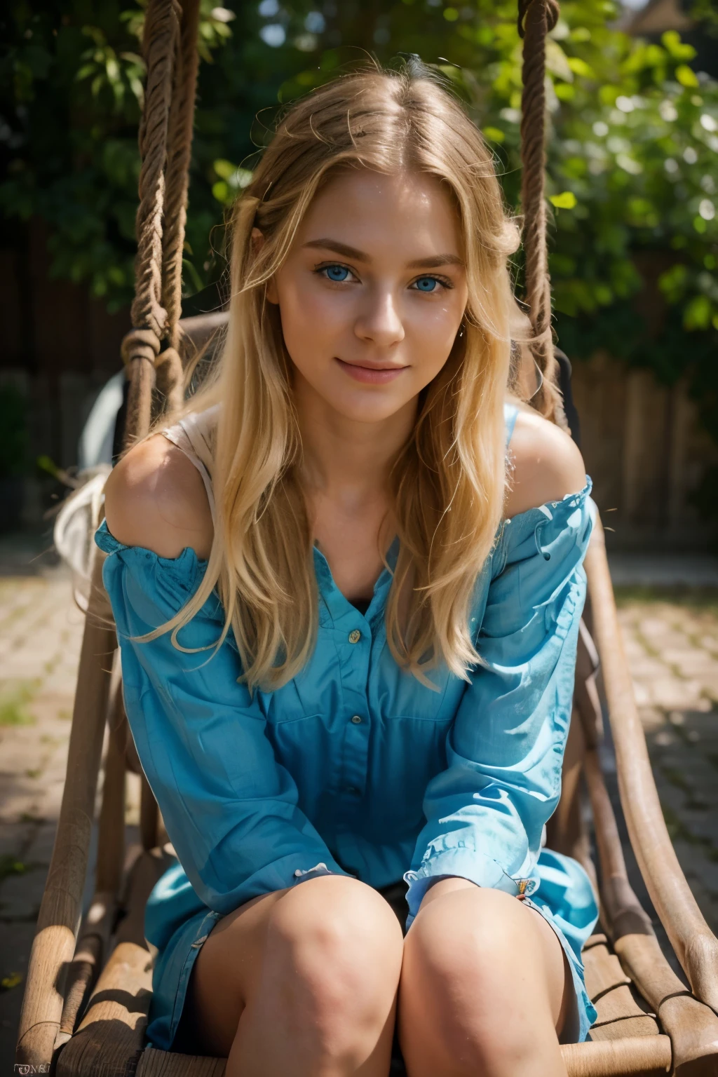 RAW, photograph,((best quality)), ((masterpiece)), ((realistic)), gorgeous european woman, 24 year old, (long blonde hair), blue eyes, wearing cute colorful outfit, full body, posing like a model, on a playground on a swing, happy face, smiling, innocent, (freckles:0.6), intricate details, highly detailed, sharp focus, professional, 4k, god rays, stunning blue eyes, , delicate, innocent, highres, detailed facial features, high detail, sharp focus, smooth, aesthetic, extremely detailed, photo_\(ultra\), photorealistic, realistic, post-processing, max detail, roughness, real life, ultra realistic, photorealism, photography, 8k uhd, photography, SEMI-SILHOUETTE light, european face, instagram, viral instragram photo