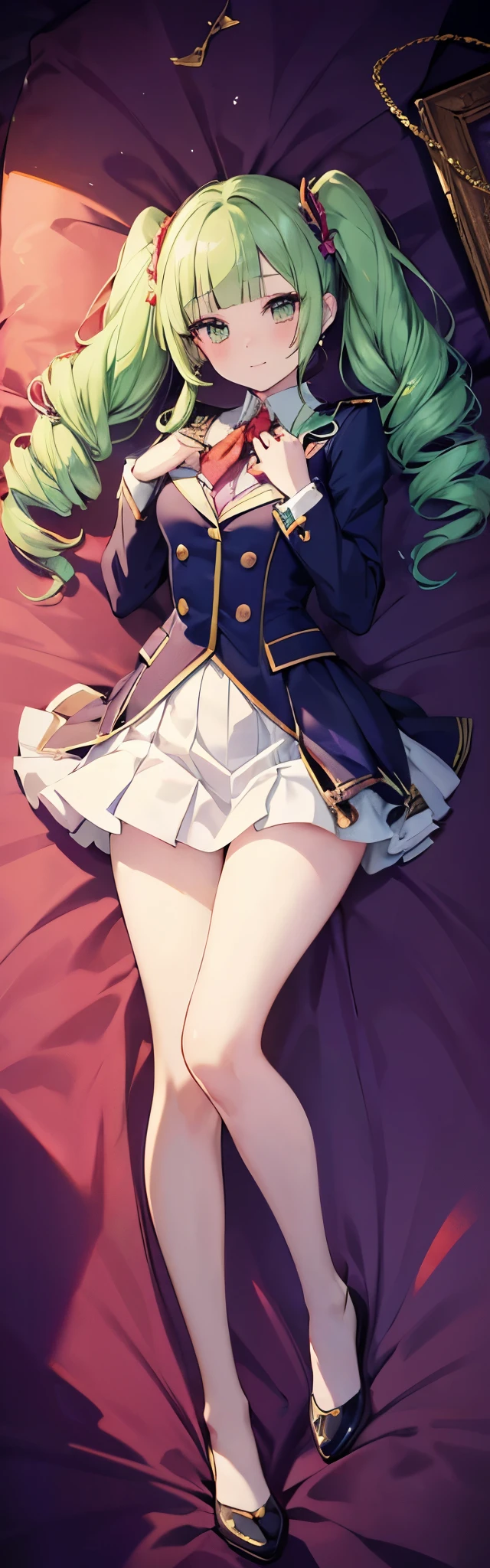 ((anime girl)),((official art)),(((Yurika Todo))),((Aikatsu!)), smile, butterfly hair ornaments, butterfly earrings, green beautiful eyes, red nails, (masterpiece, highest quality, highest quality, official art, beautiful and aesthetic: 1.2), ((Light green hair, twin drill,high short twintail)),(((((blunt bangs))))),4K, hyper hd, white skin,(((starlight school uniform,Marching Band))), baroque,elegant, Smooth anime CG art, movie lighting, vampire, bat wings, lure,(full body,dakimakura  illumination,on the bed、On your back、lying down、beautiful girl)