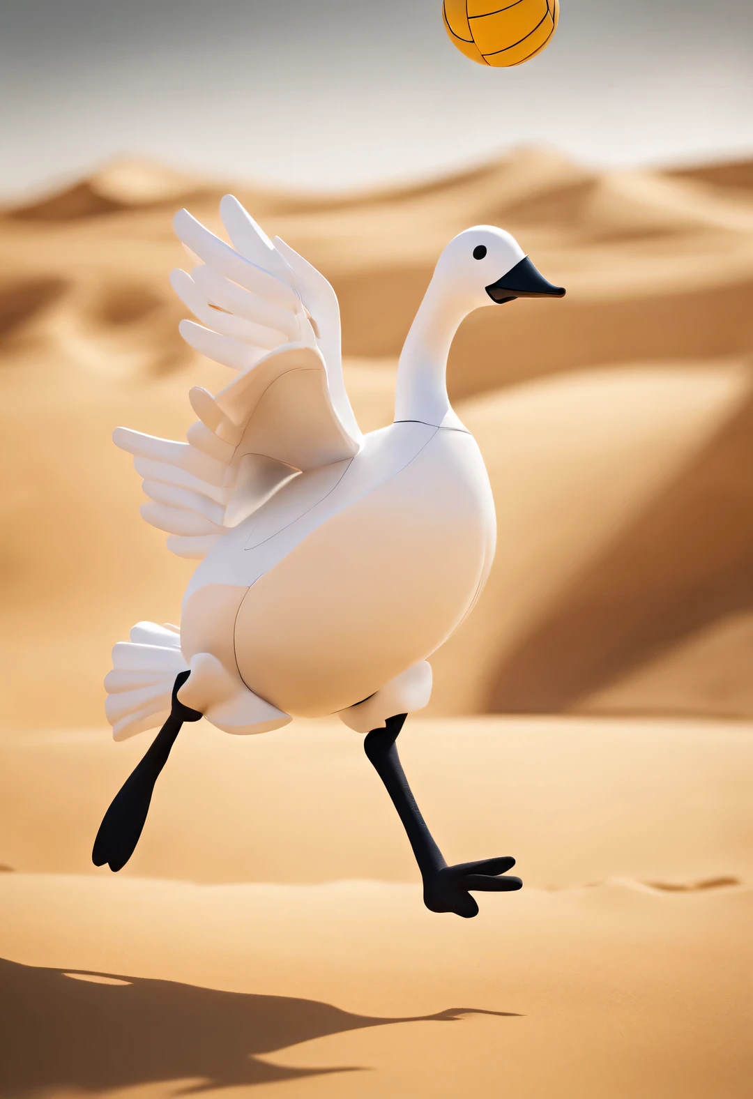 Goose puppets playing volleyball in the desert, Jump and hit the ball with dynamic movements,